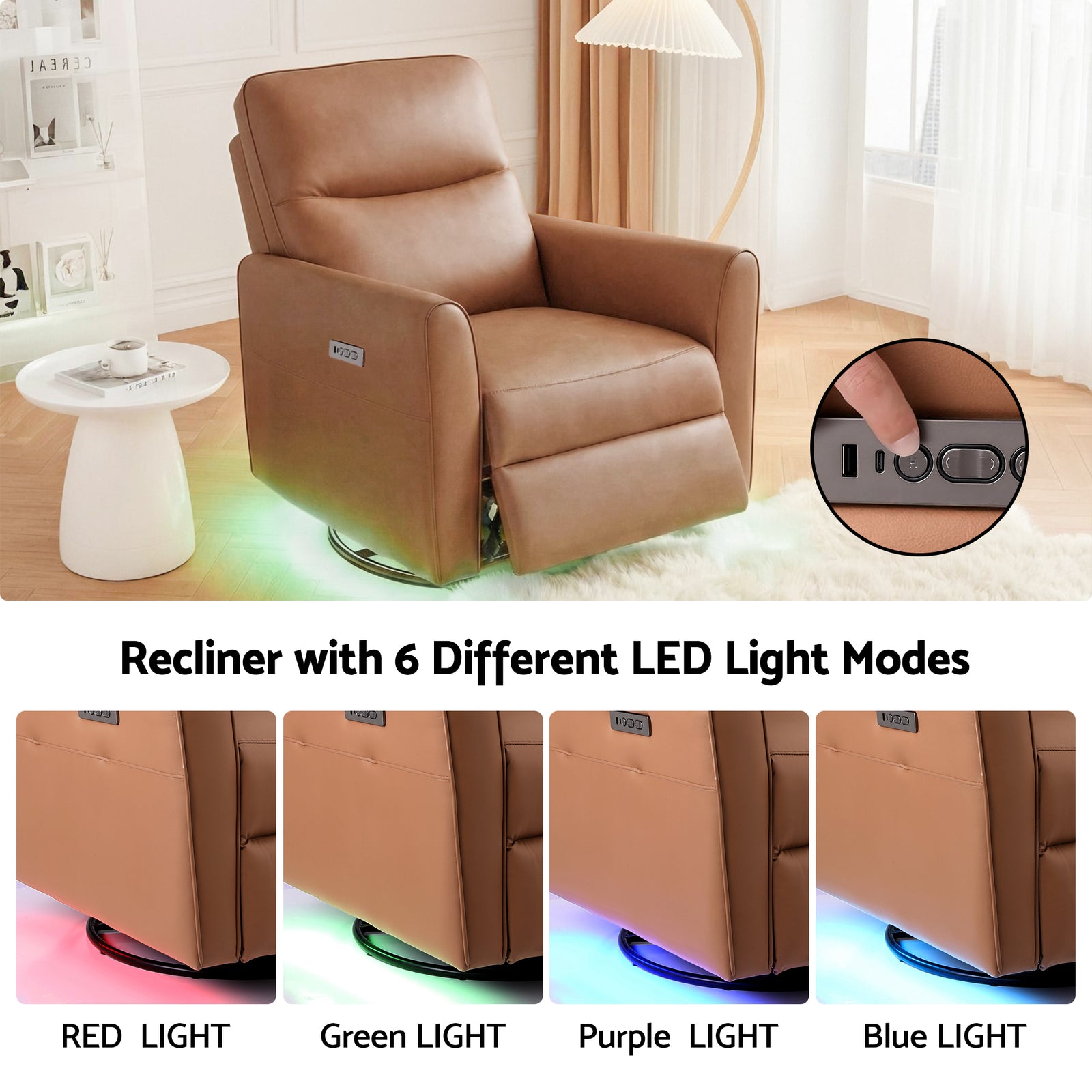 Swivel Recliner Chair Leather Rocking Reclining Sofa with Charging Ports LED Brown