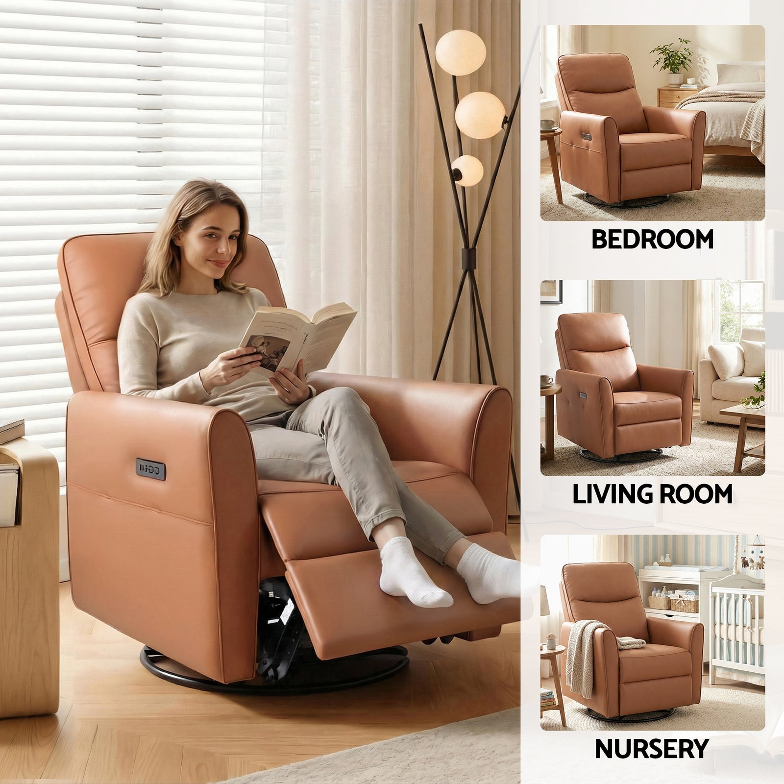 Swivel Recliner Chair Leather Rocking Reclining Sofa with Charging Ports LED Brown