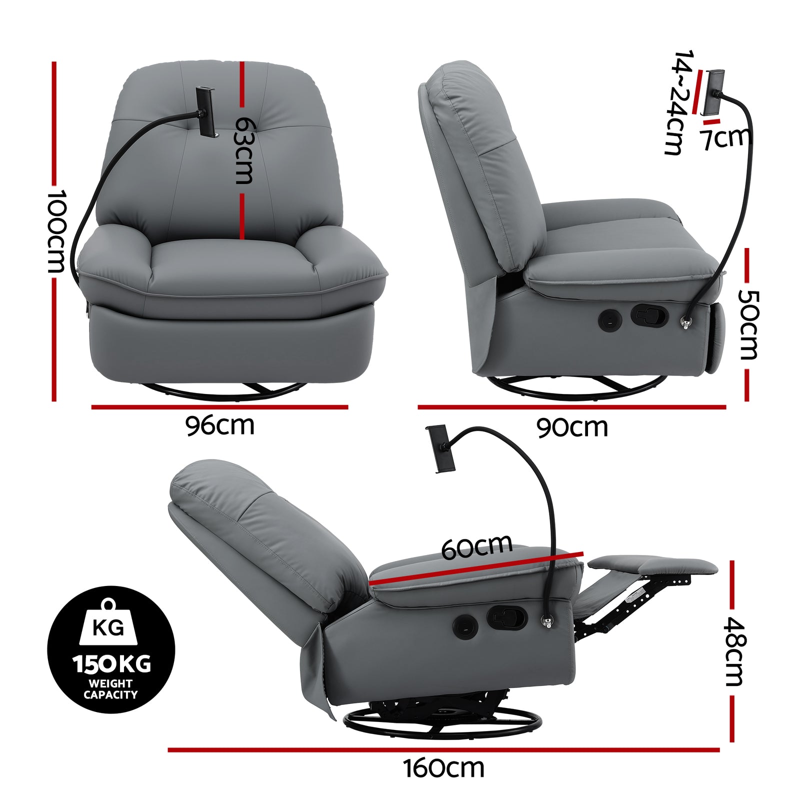 Manual Swivel Rocker Recliner with USB Ports Rocking Chair Nursery Sofa Lounge