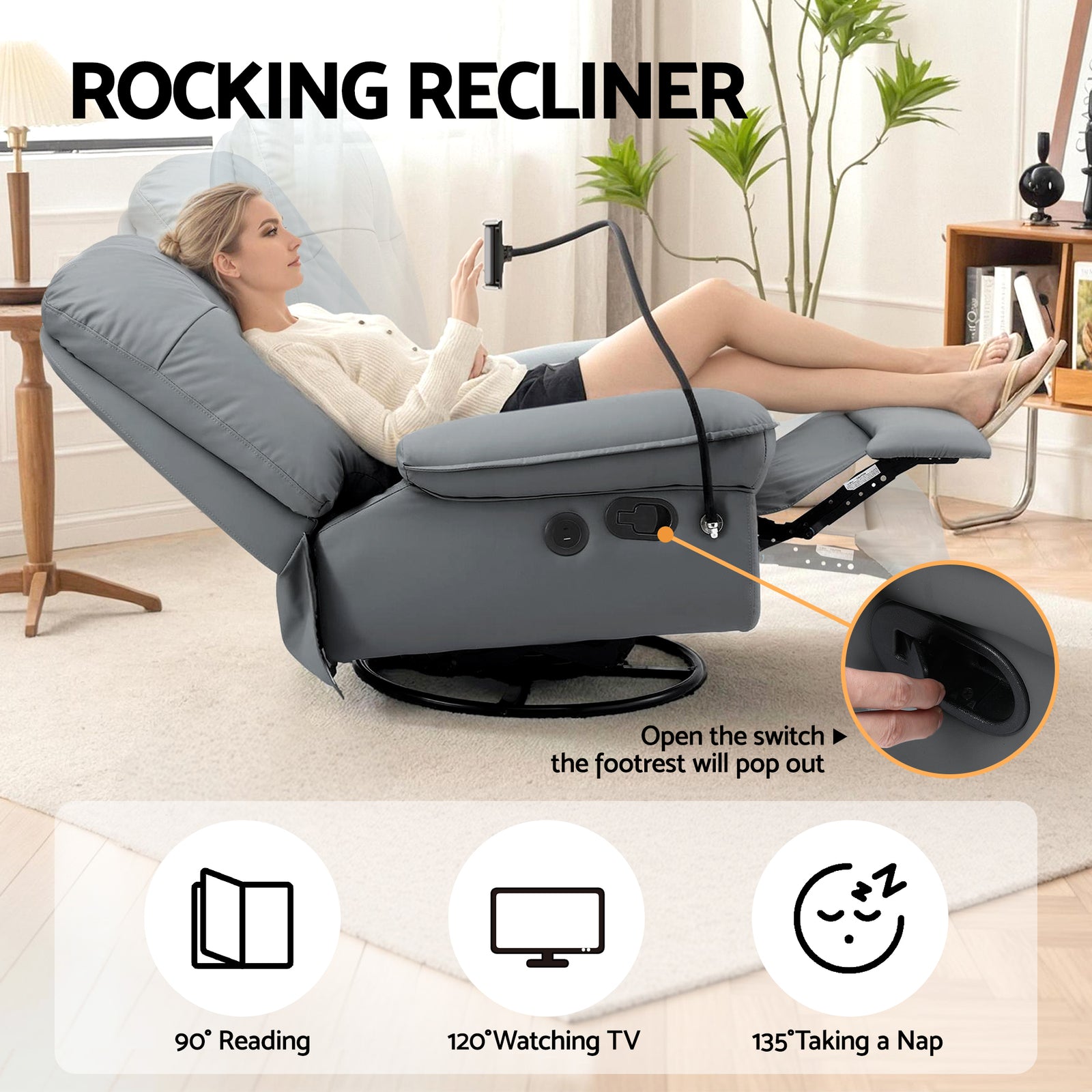 Manual Swivel Rocker Recliner with USB Ports Rocking Chair Nursery Sofa Lounge