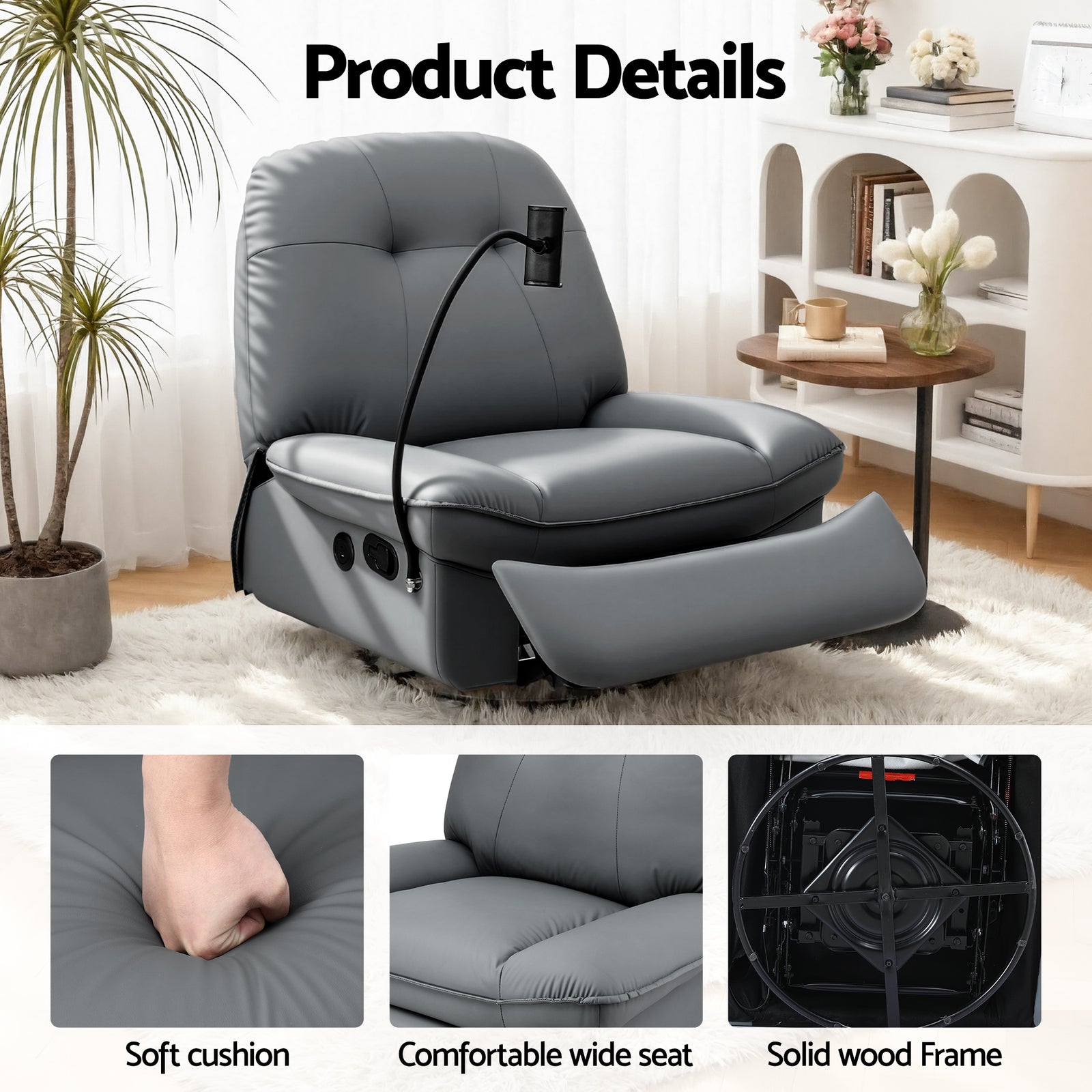 Manual Swivel Rocker Recliner with USB Ports Rocking Chair Nursery Sofa Lounge