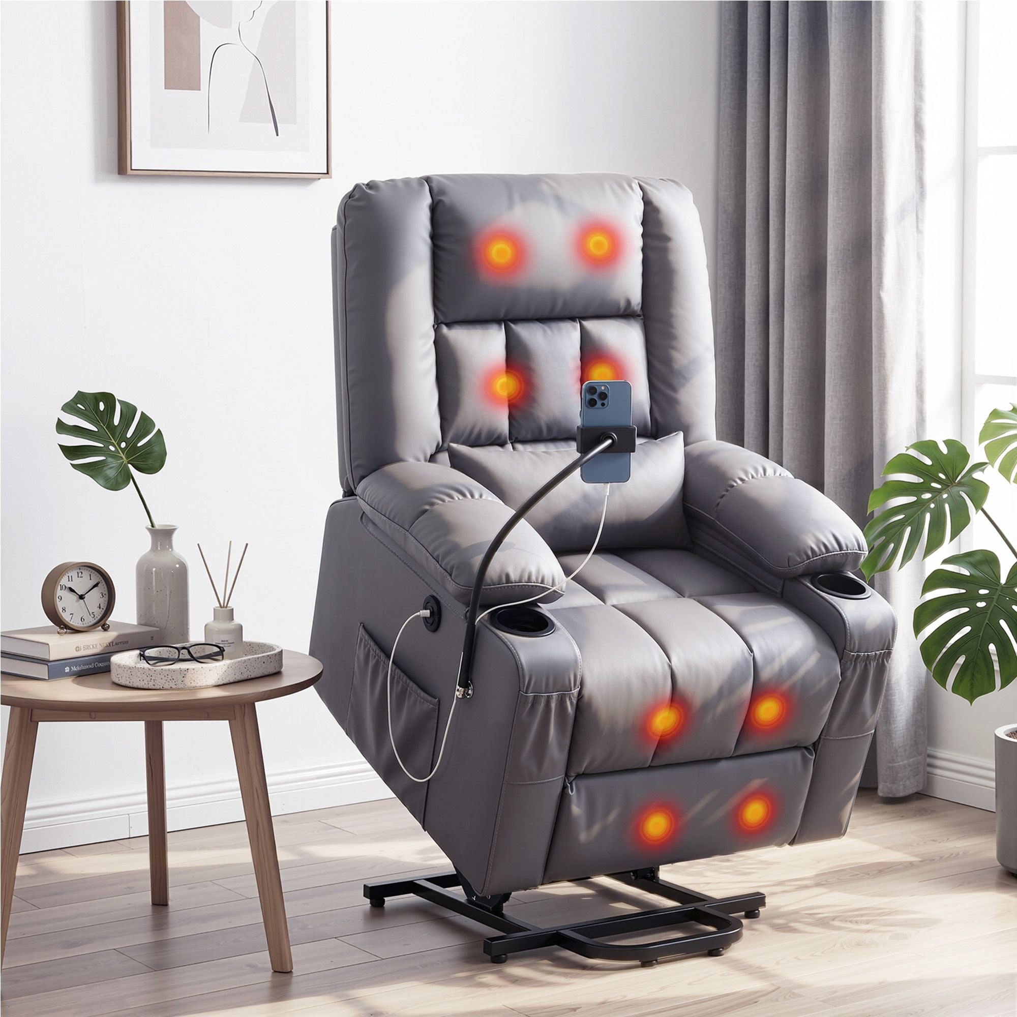 Lift Recliner Chair Grey – Massage & Heat, Electric, USB, Cup Holders