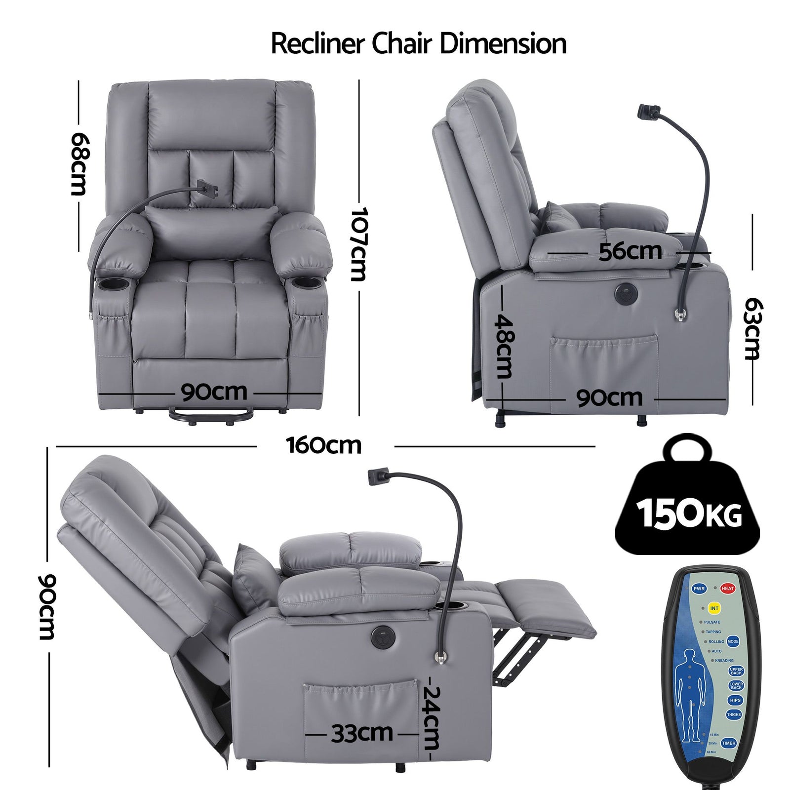 Artiss Lift Recliner Chair Grey – Massage & Heat, Electric, USB, Cup Holders