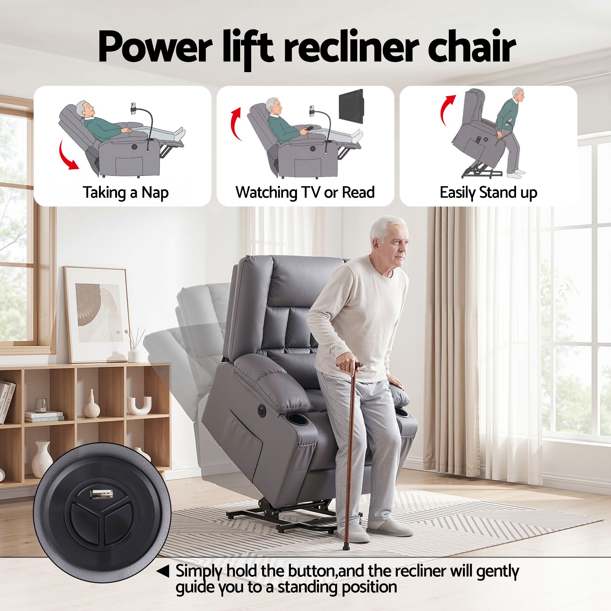 Lift Recliner Chair Grey – Massage & Heat, Electric, USB, Cup Holders