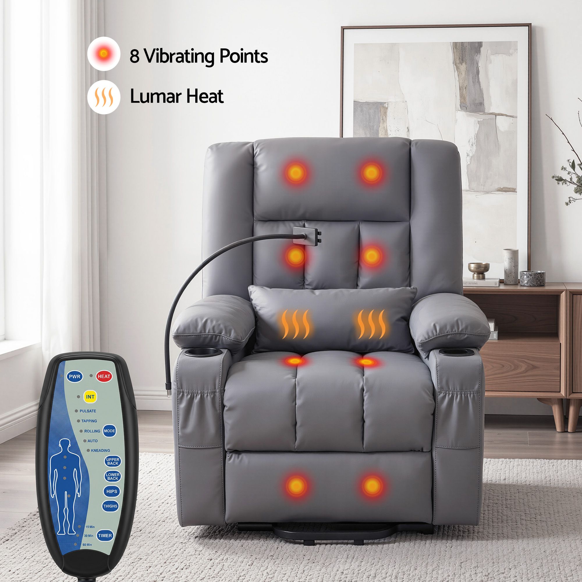 Lift Recliner Chair Grey – Massage & Heat, Electric, USB, Cup Holders
