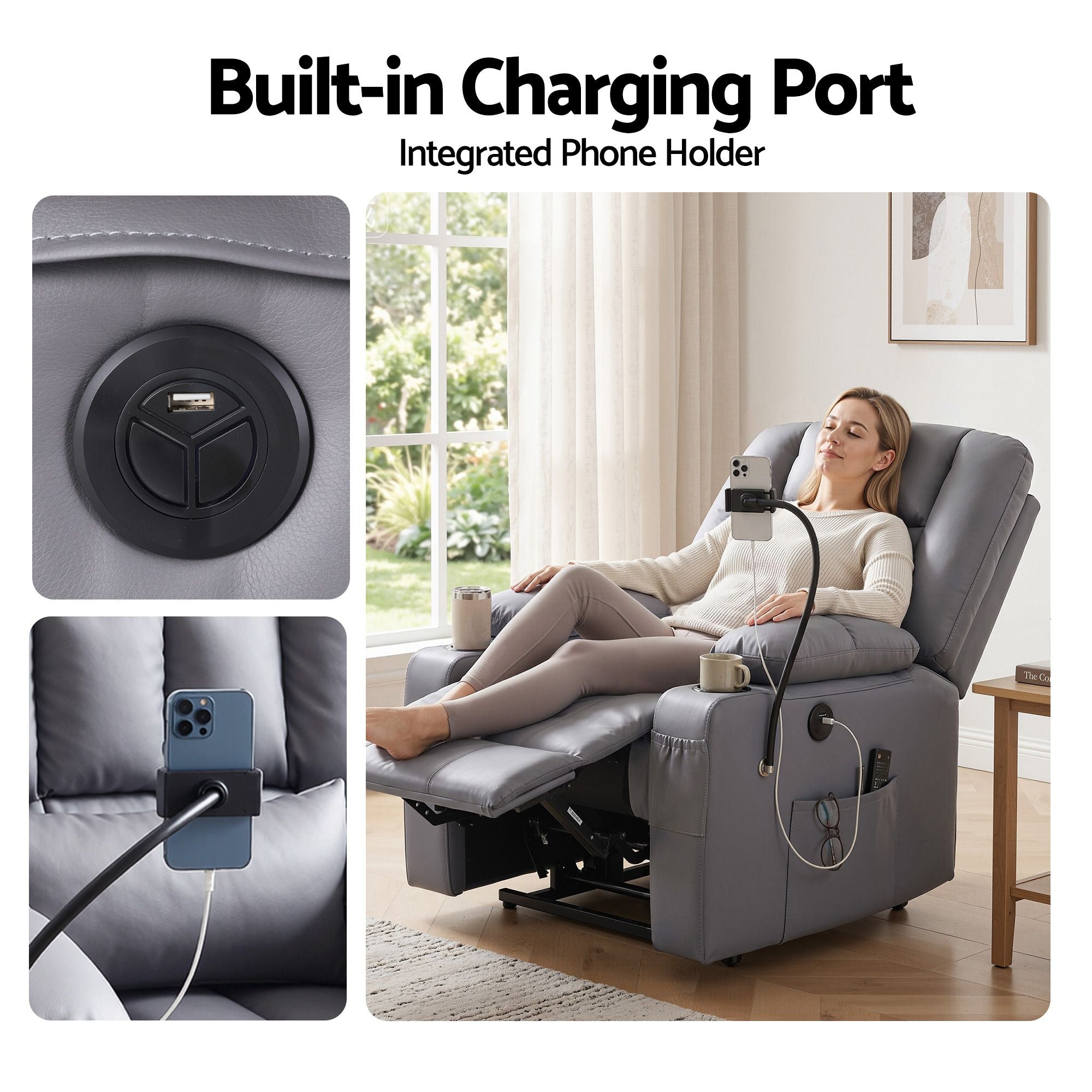 Lift Recliner Chair Grey – Massage & Heat, Electric, USB, Cup Holders