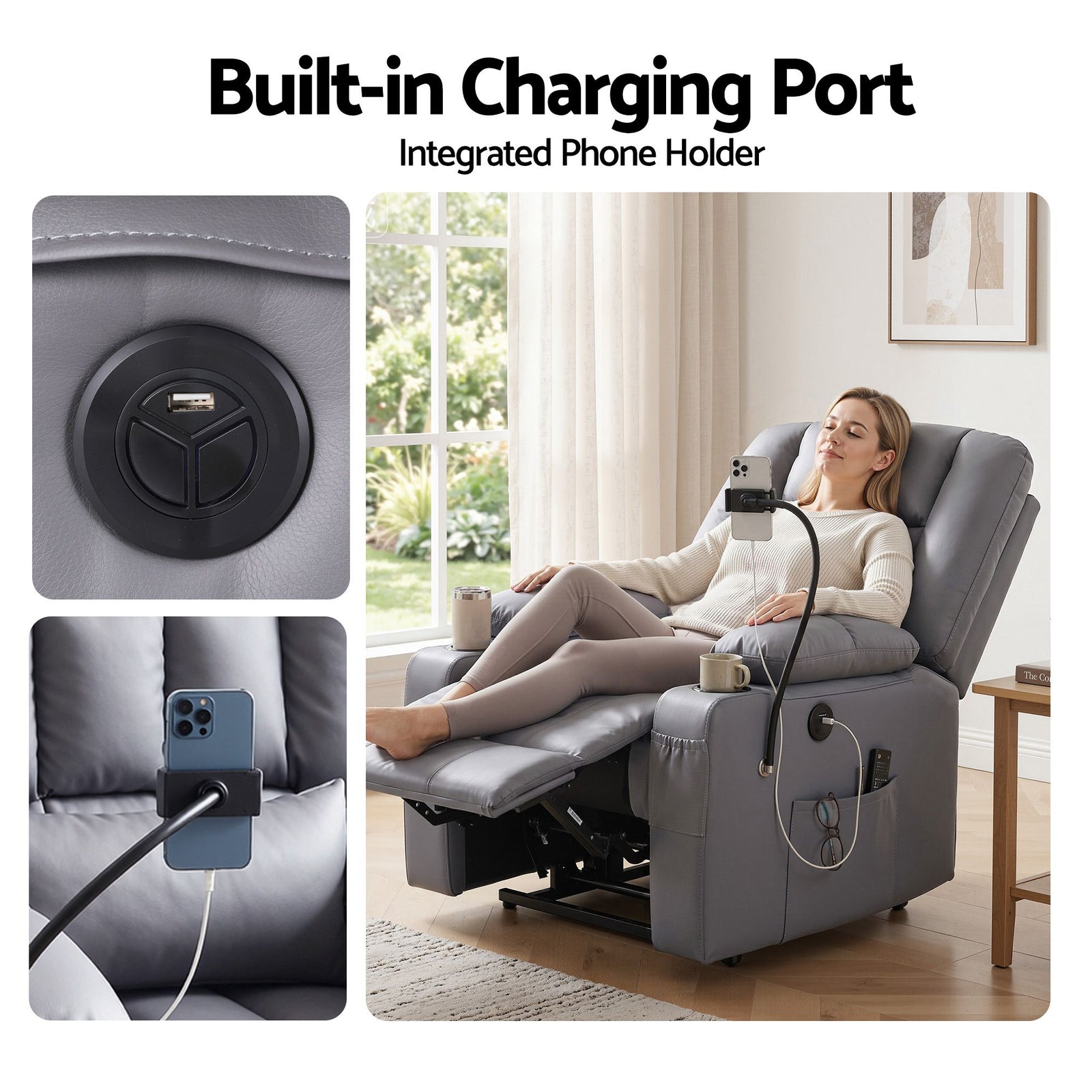 Artiss Lift Recliner Chair Grey – Massage & Heat, Electric, USB, Cup Holders