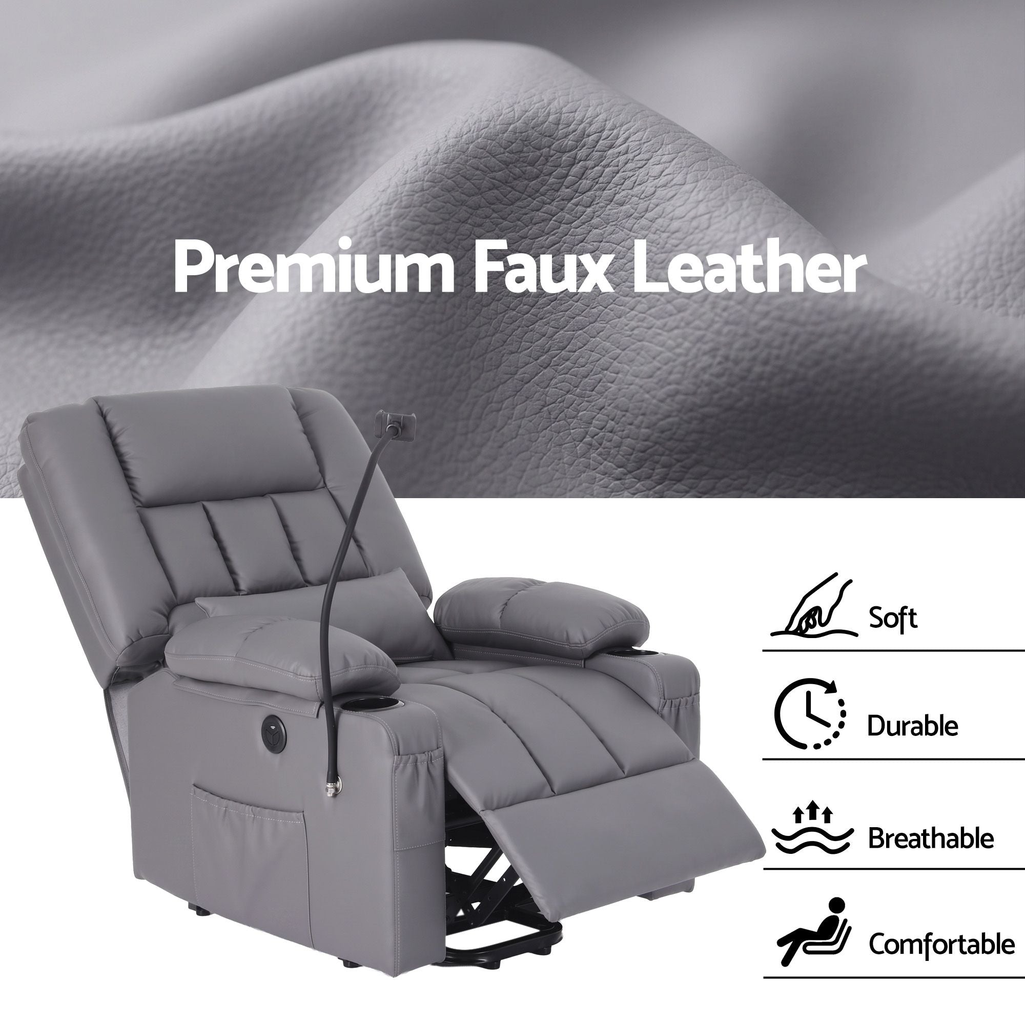 Lift Recliner Chair Grey – Massage & Heat, Electric, USB, Cup Holders