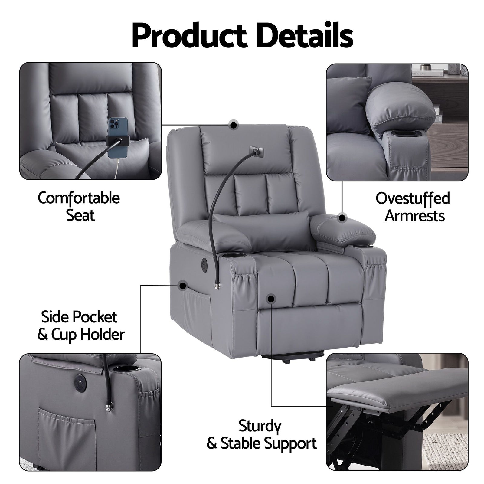 Artiss Lift Recliner Chair Grey – Massage & Heat, Electric, USB, Cup Holders