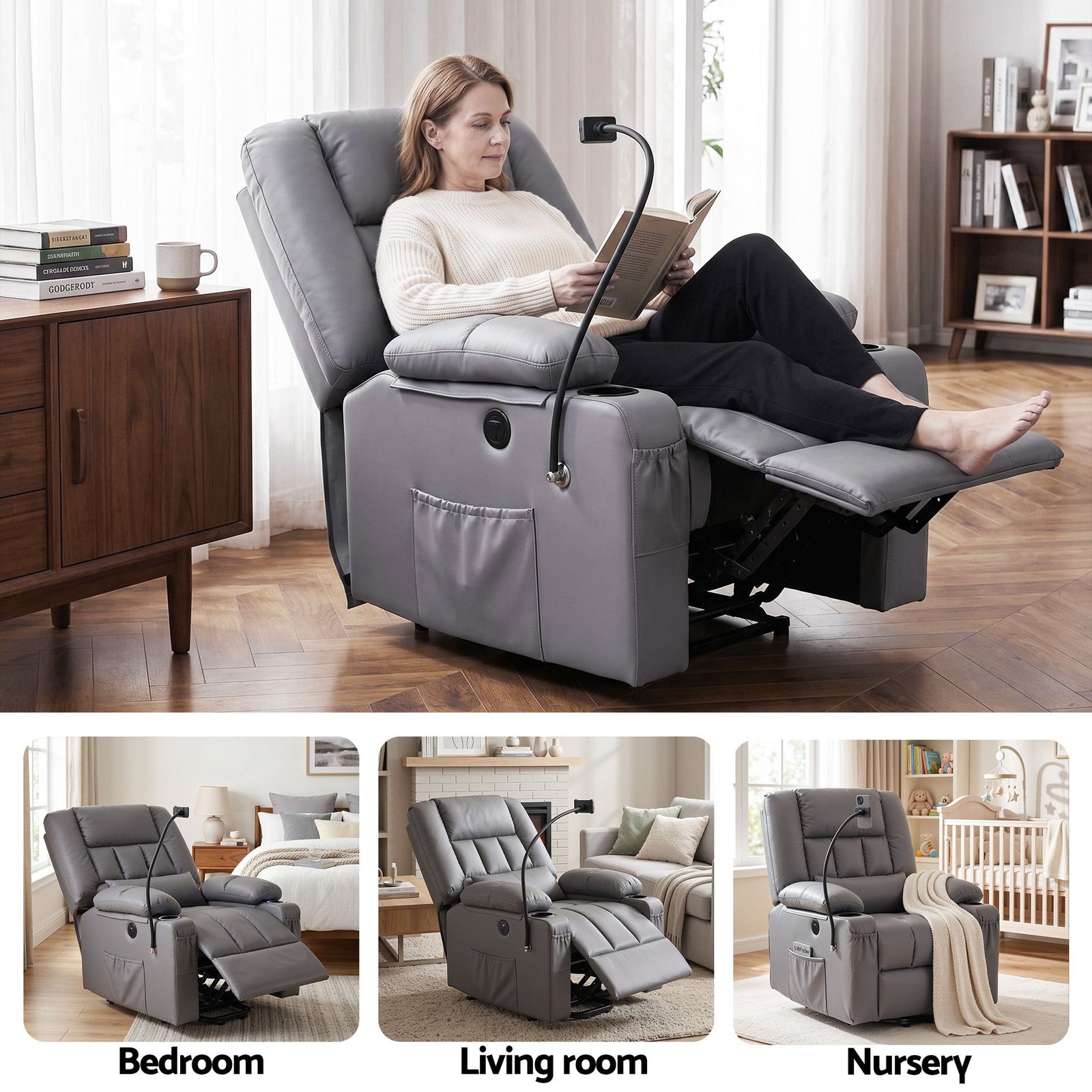 Artiss Lift Recliner Chair Grey – Massage & Heat, Electric, USB, Cup Holders