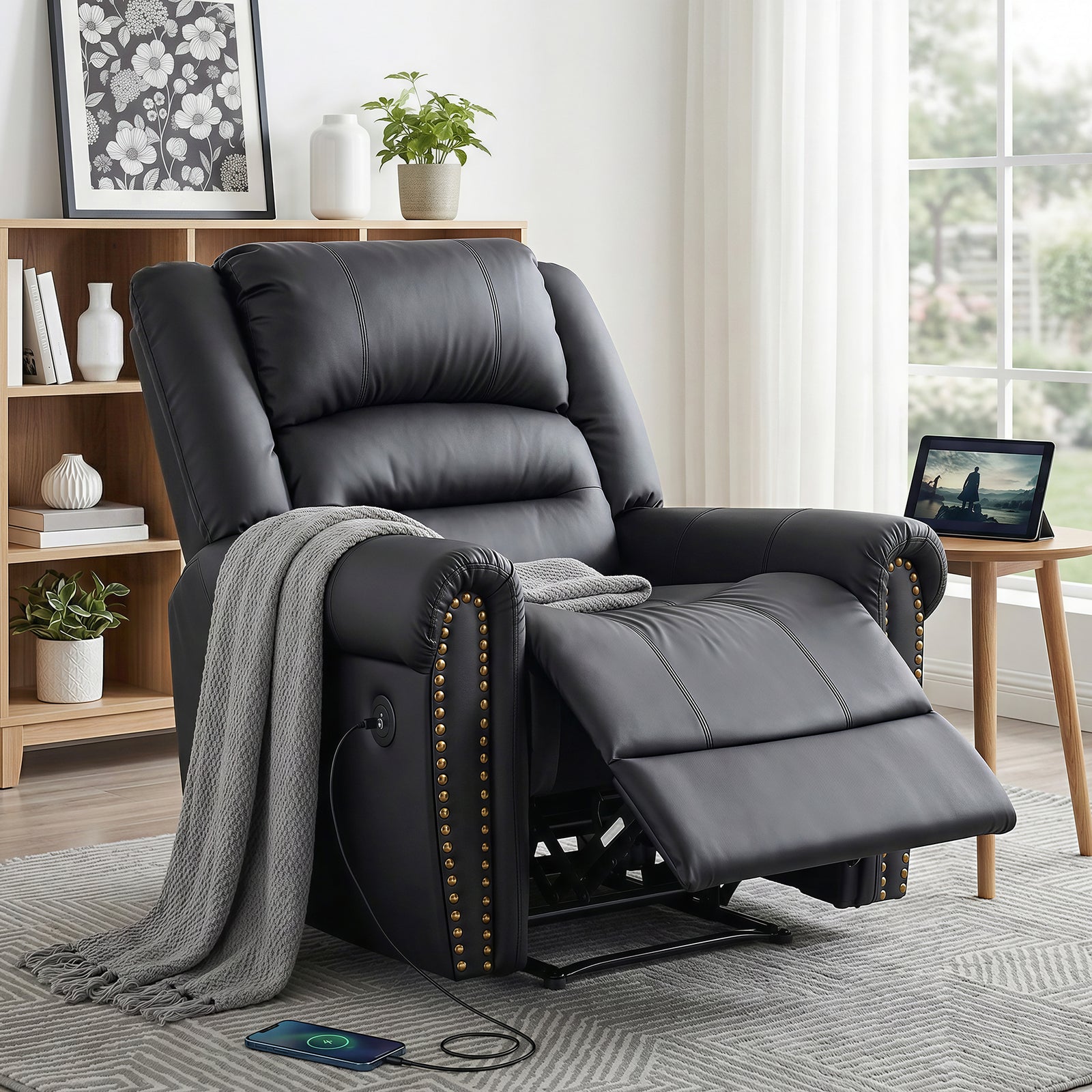 Leather Manual Recliner Chair with USB Charge Port, Overstuffed Armchair Sofa for Living Room and Nursery, Asjustable Theater Reclining Lounge with Comfortable Wide Seat, 150kg Capacity, Black