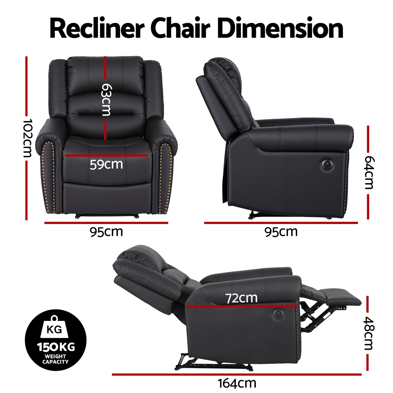 Leather Manual Recliner Chair with USB Charge Port, Overstuffed Armchair Sofa for Living Room and Nursery, Asjustable Theater Reclining Lounge with Comfortable Wide Seat, 150kg Capacity, Black