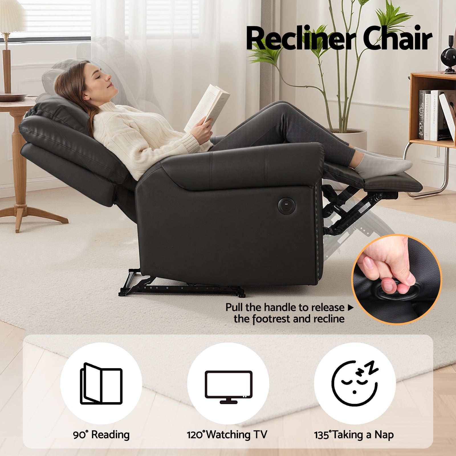 Leather Manual Recliner Chair with USB Charge Port, Overstuffed Armchair Sofa for Living Room and Nursery, Asjustable Theater Reclining Lounge with Comfortable Wide Seat, 150kg Capacity, Black