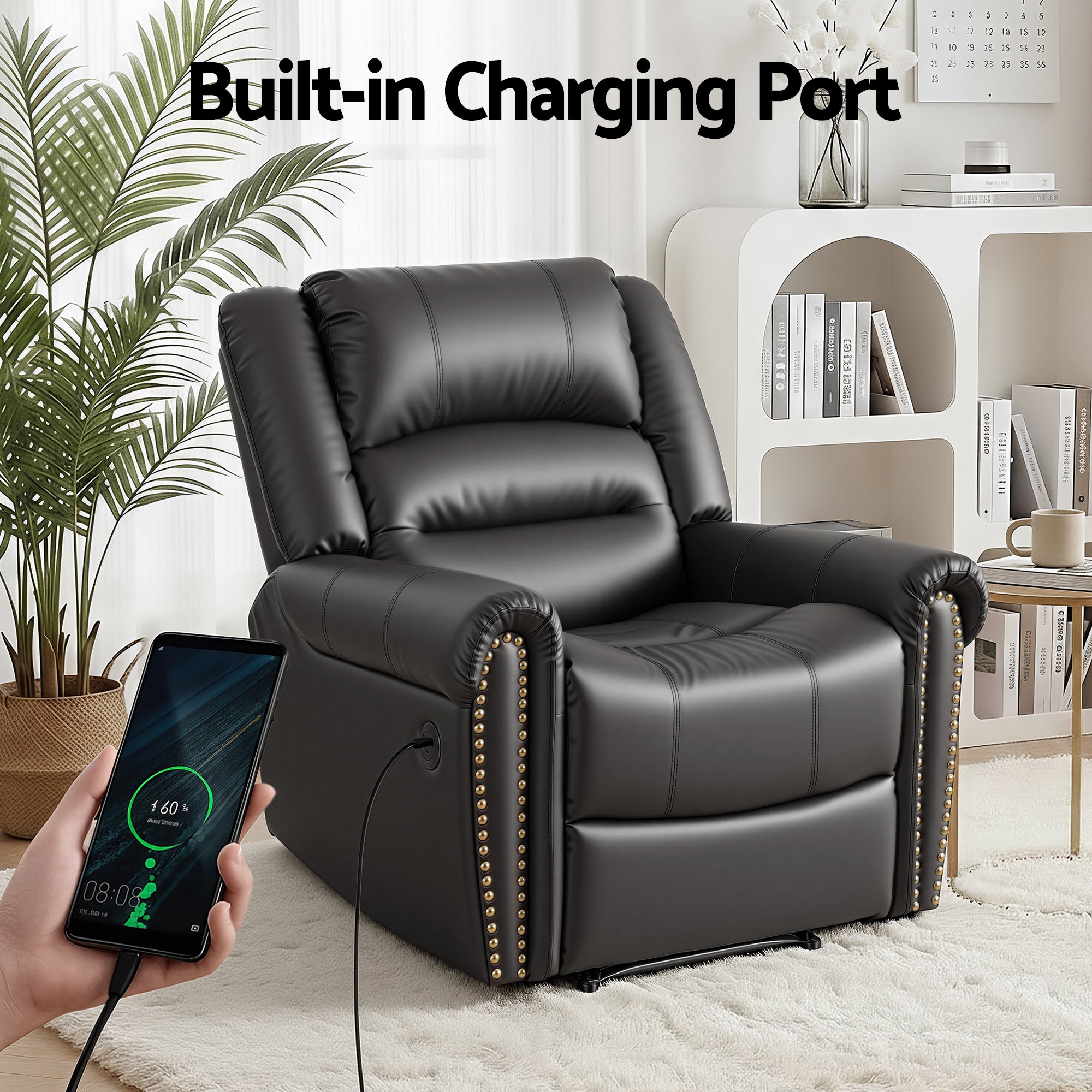 Leather Manual Recliner Chair with USB Charge Port, Overstuffed Armchair Sofa for Living Room and Nursery, Asjustable Theater Reclining Lounge with Comfortable Wide Seat, 150kg Capacity, Black