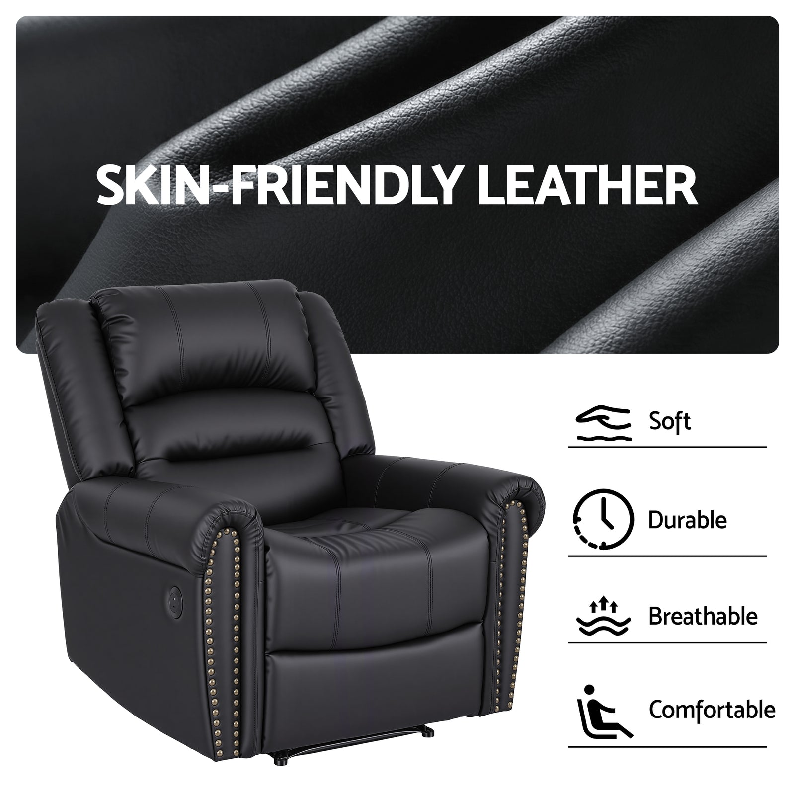 Leather Manual Recliner Chair with USB Charge Port, Overstuffed Armchair Sofa for Living Room and Nursery, Asjustable Theater Reclining Lounge with Comfortable Wide Seat, 150kg Capacity, Black