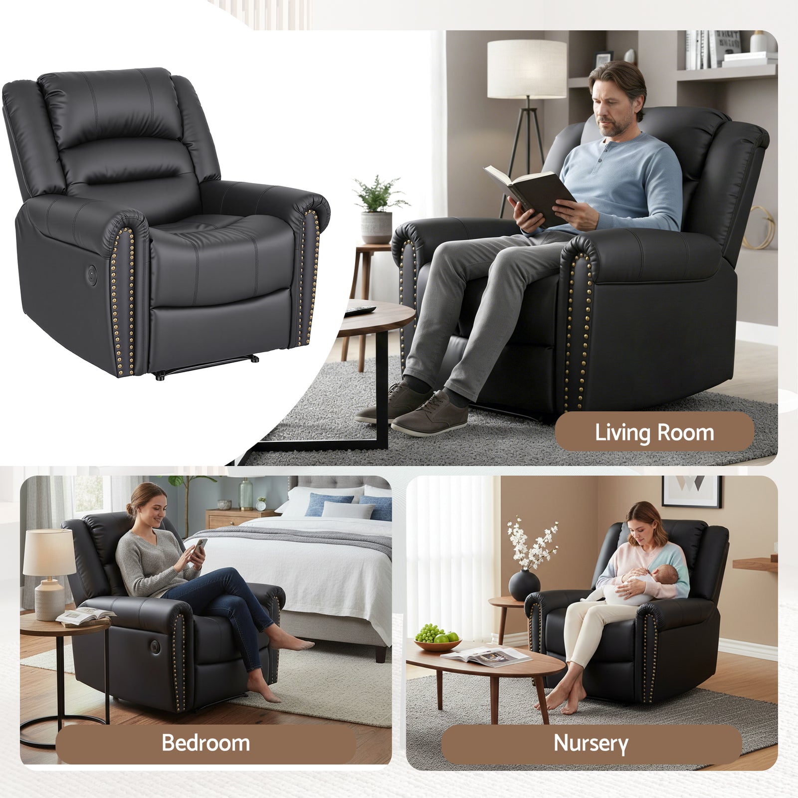 Leather Manual Recliner Chair with USB Charge Port, Overstuffed Armchair Sofa for Living Room and Nursery, Asjustable Theater Reclining Lounge with Comfortable Wide Seat, 150kg Capacity, Black