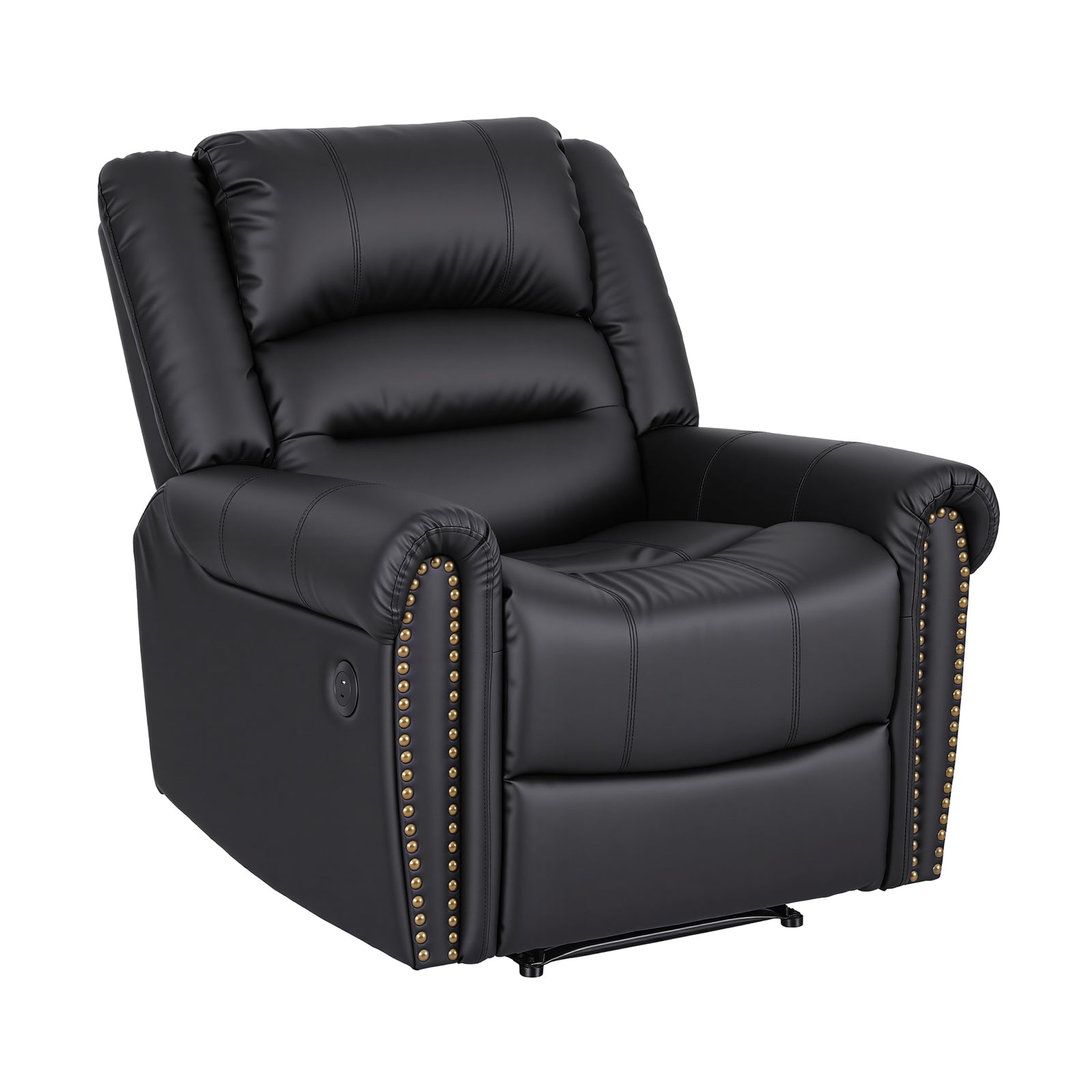 Leather Manual Recliner Chair with USB Charge Port, Overstuffed Armchair Sofa for Living Room and Nursery, Asjustable Theater Reclining Lounge with Comfortable Wide Seat, 150kg Capacity, Black