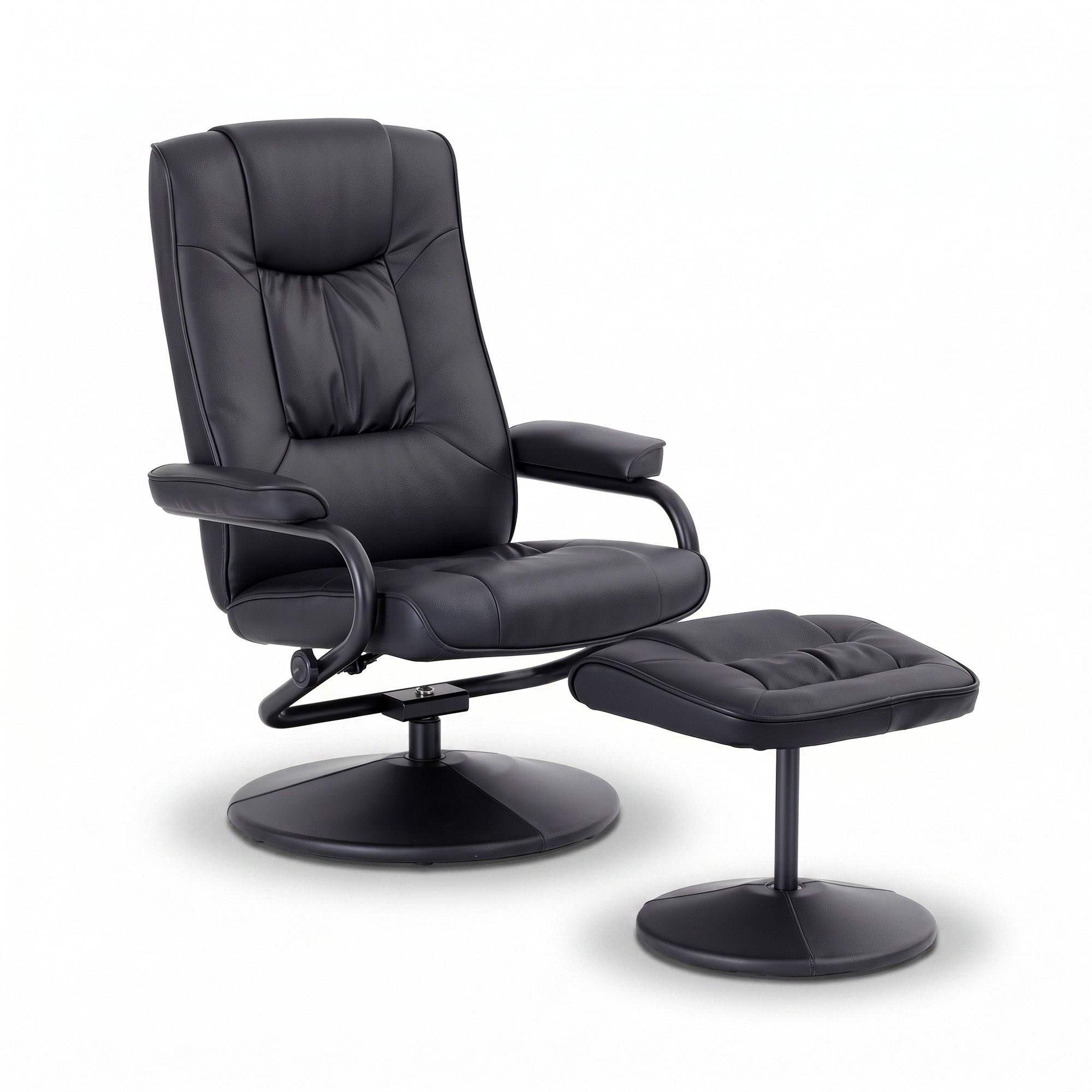 Recliner Chair with Ottoman Black – 360° Swivel, PU Leather, 130° Recline