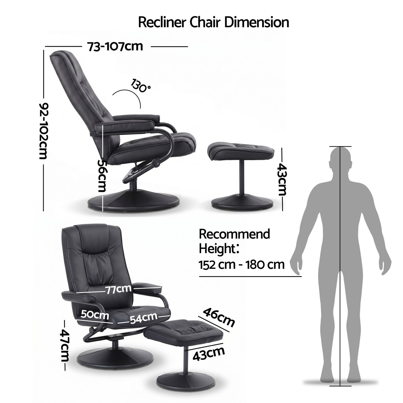Artiss Recliner Chair with Ottoman Black – 360° Swivel, PU Leather, 130° Recline