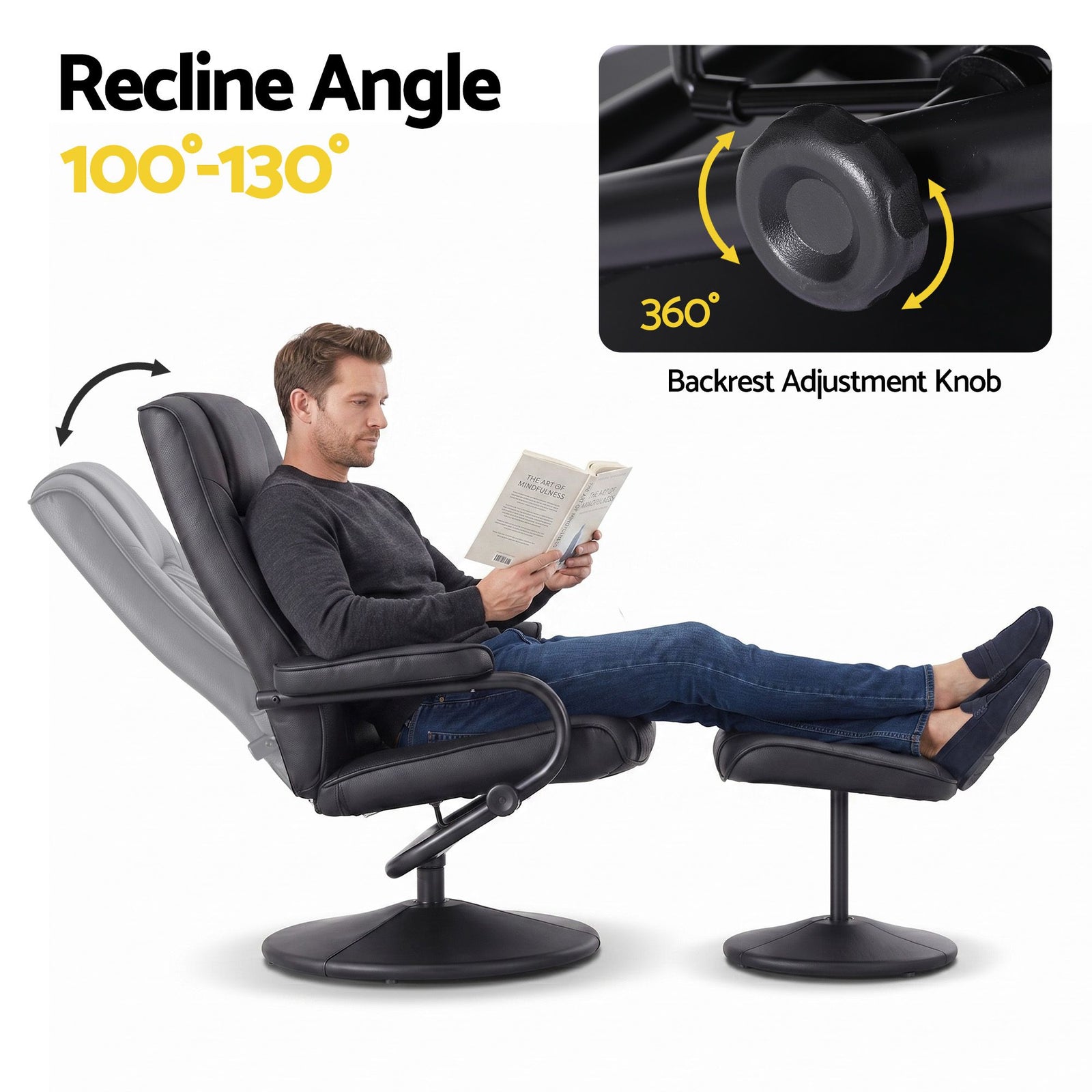 Artiss Recliner Chair with Ottoman Black – 360° Swivel, PU Leather, 130° Recline