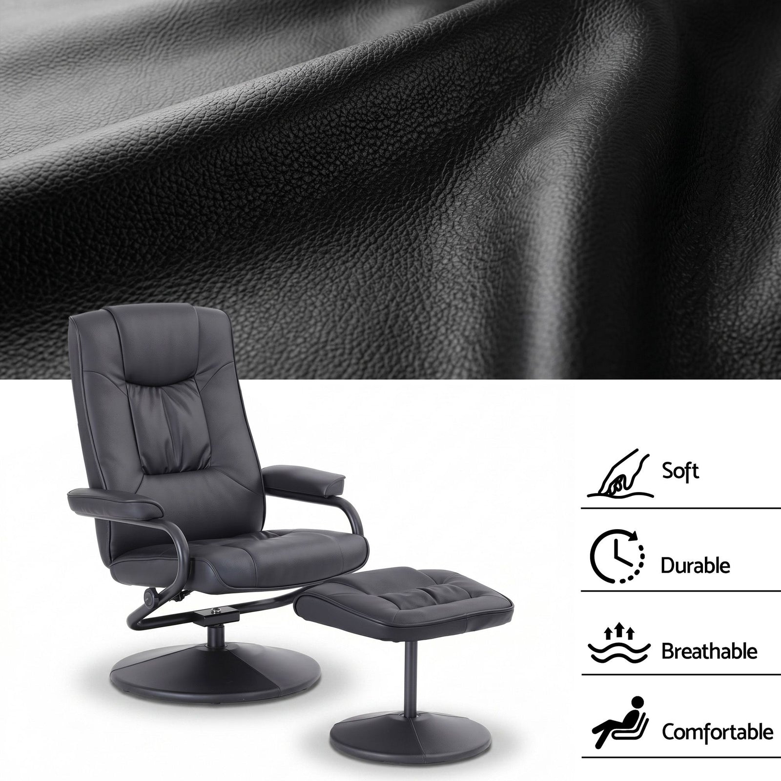 Artiss Recliner Chair with Ottoman Black – 360° Swivel, PU Leather, 130° Recline