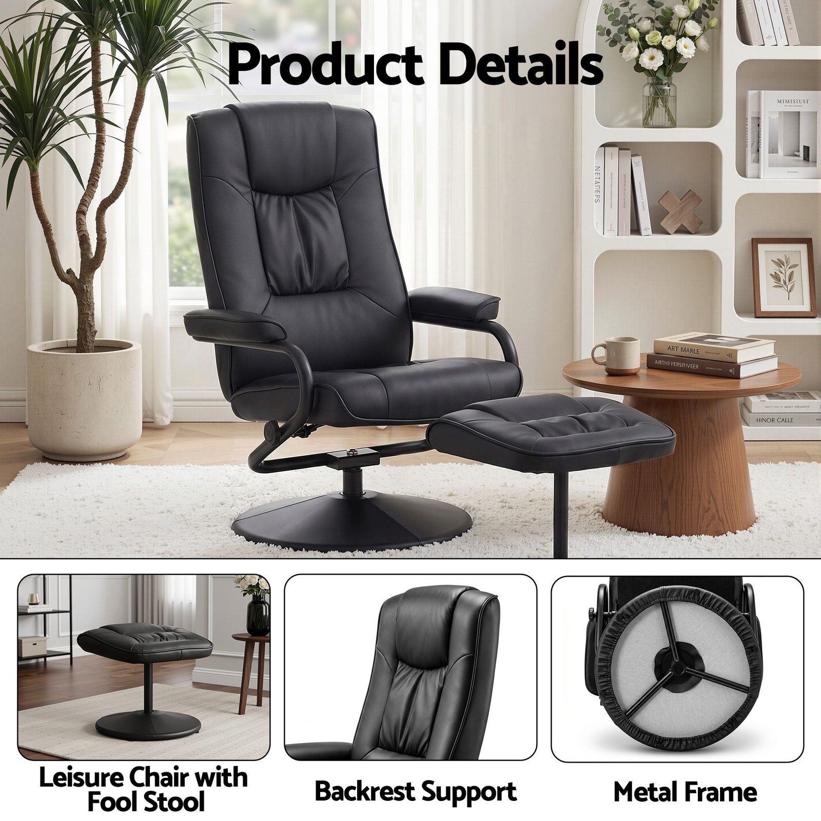 Artiss Recliner Chair with Ottoman Black – 360° Swivel, PU Leather, 130° Recline