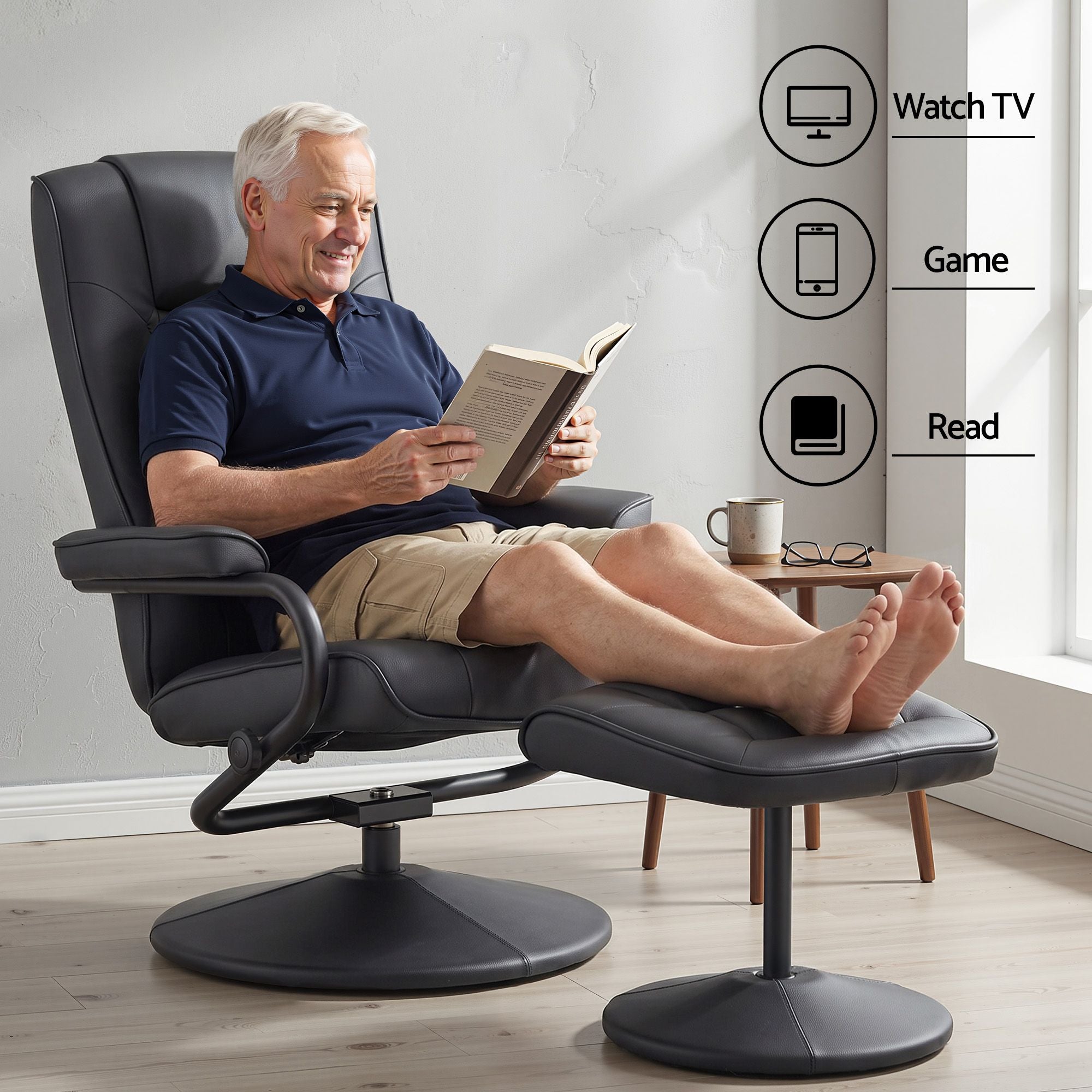Recliner Chair with Ottoman Black – 360° Swivel, PU Leather, 130° Recline