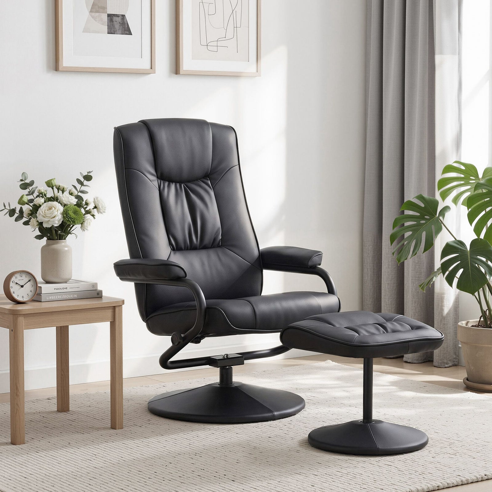 Artiss Recliner Chair with Ottoman Black – 360° Swivel, PU Leather, 130° Recline