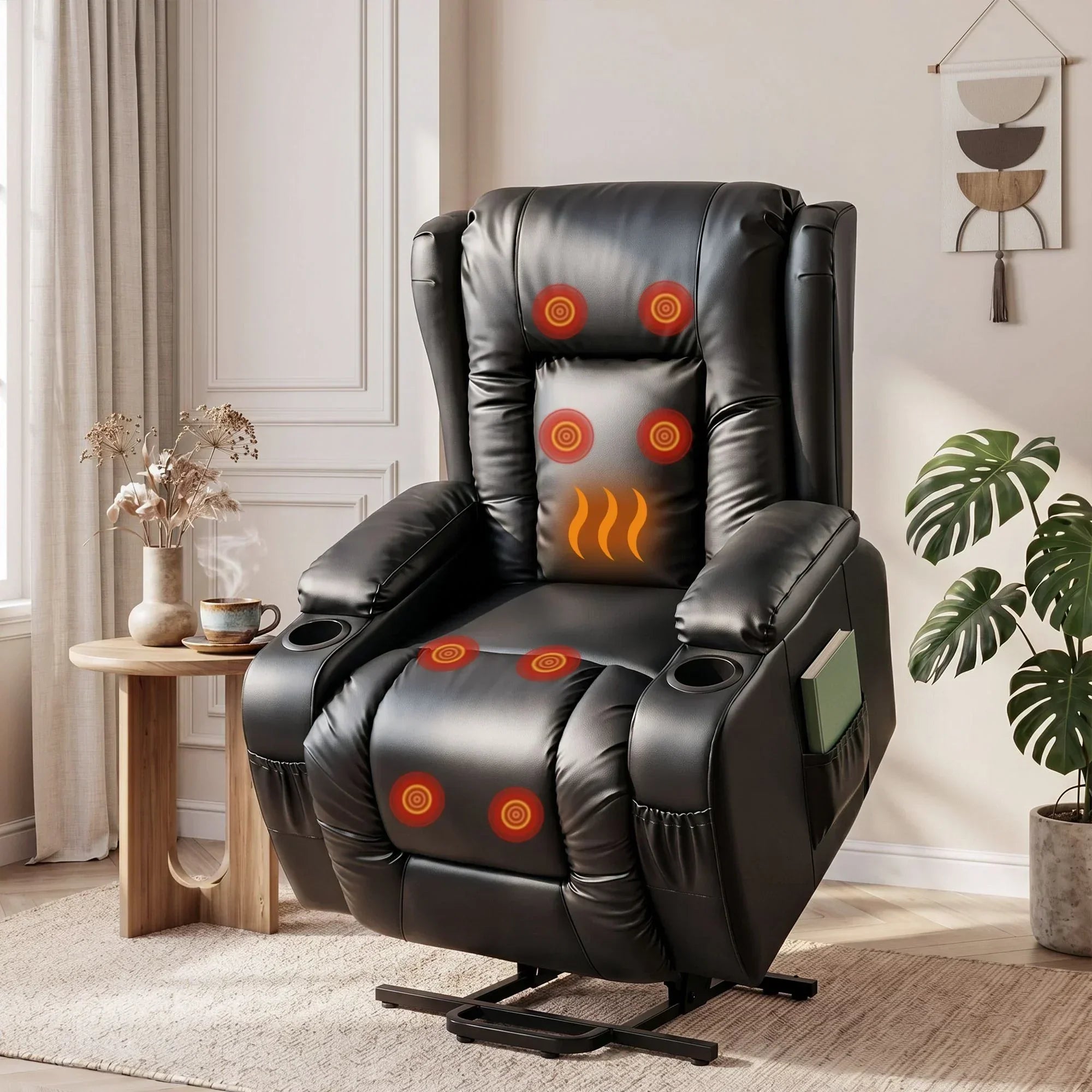 Heated Massage Lift Recliner Chair with 8 Points & Cup Holders – Black