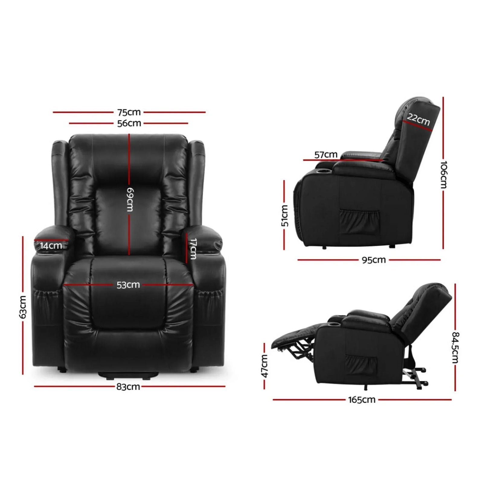Artiss Heated Massage Lift Recliner Chair with 8 Points & Cup Holders – Black