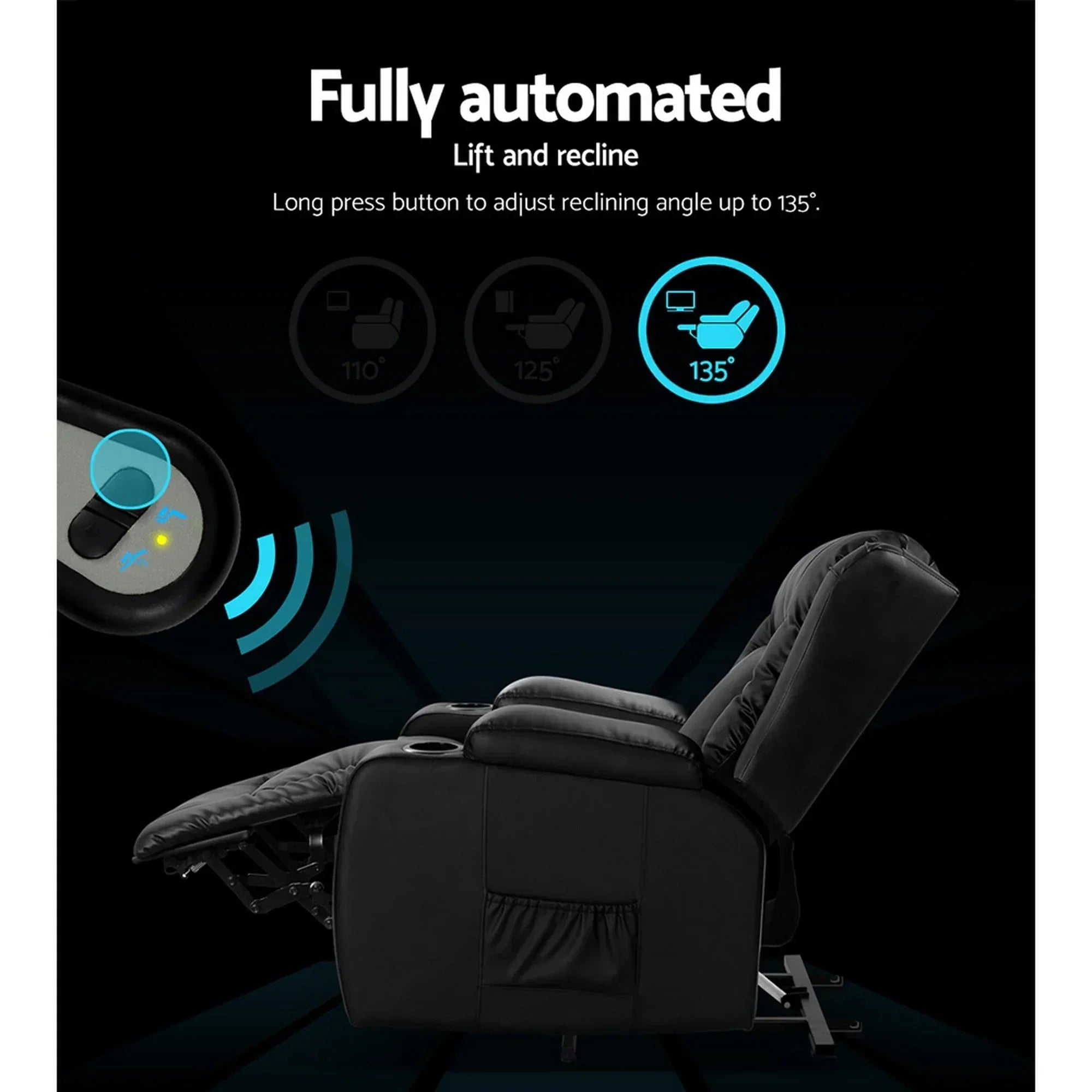 Heated Massage Lift Recliner Chair with 8 Points & Cup Holders – Black