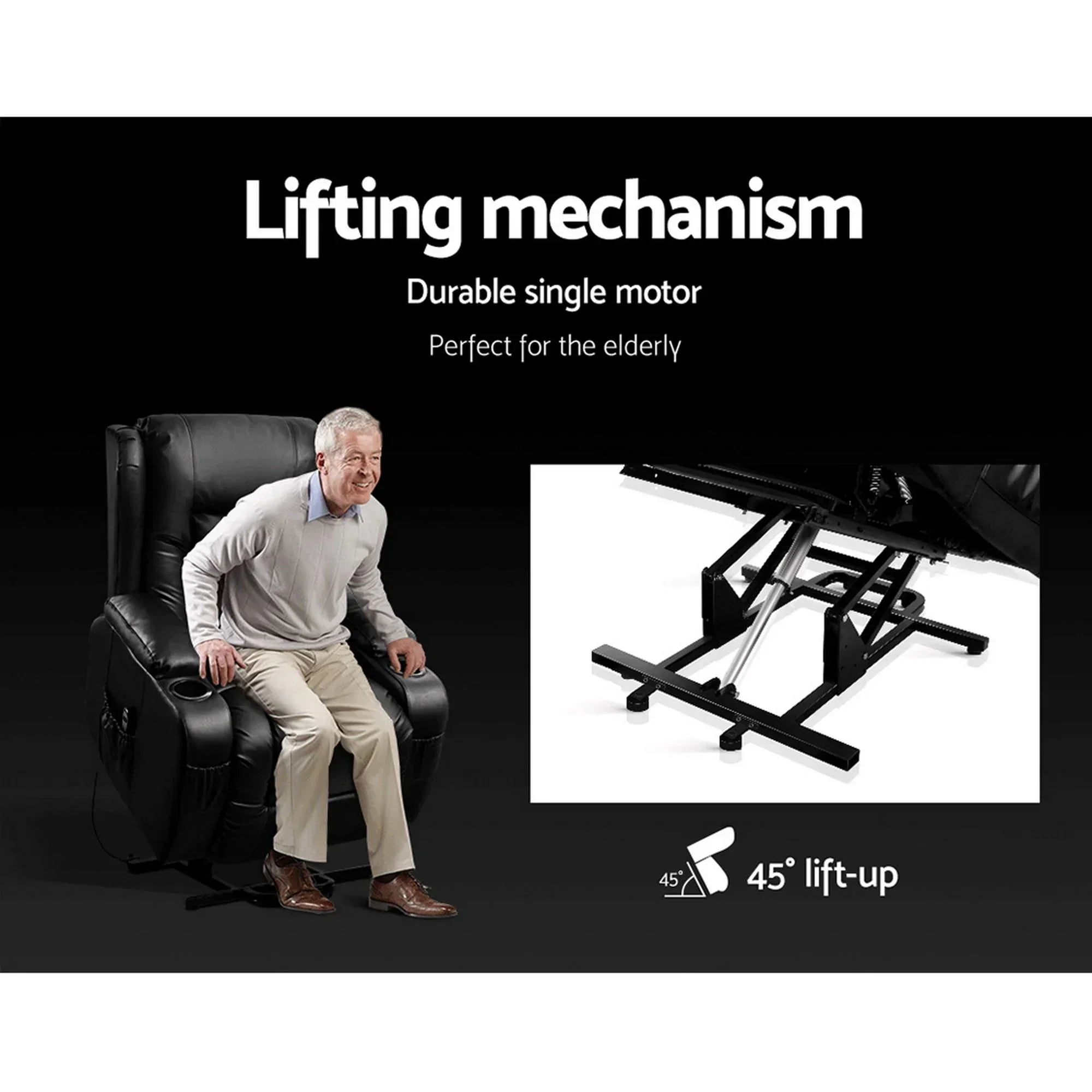 Heated Massage Lift Recliner Chair with 8 Points & Cup Holders – Black
