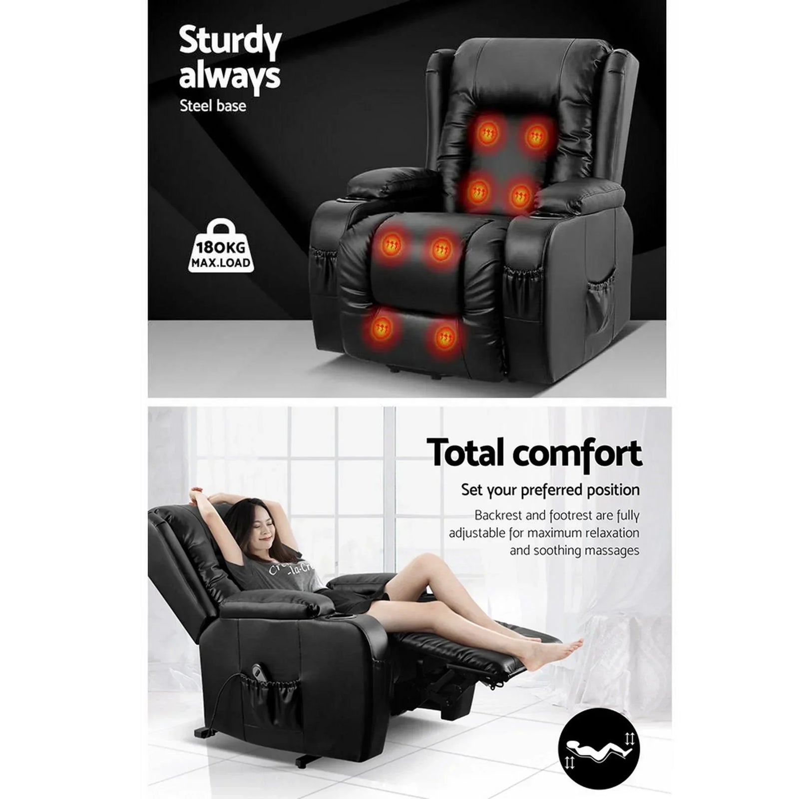 Artiss Heated Massage Lift Recliner Chair with 8 Points & Cup Holders – Black