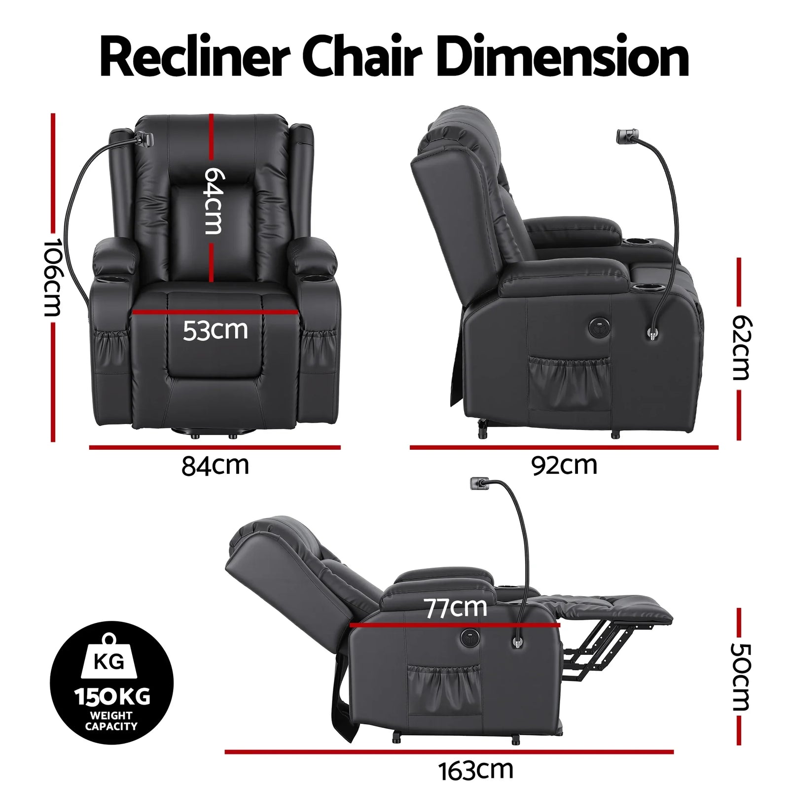 Power Lift Recliner Chair with Massage and Heat for Elderly, Electric Sofa Reclining Chair with USB and Phone Holder, PU Leather Comfy Armchair for Living Room, 2 Cup Holder & 4 Pockets, Black