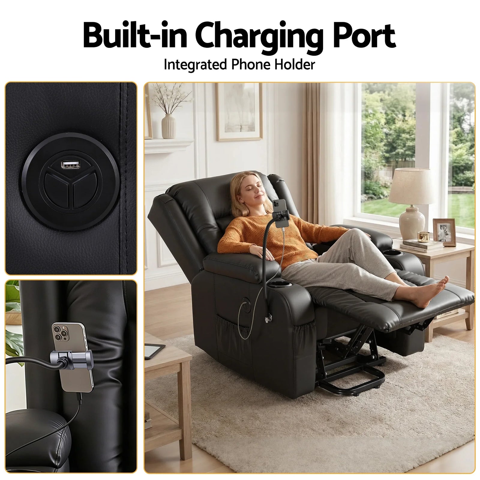 Power Lift Recliner Chair with Massage and Heat for Elderly, Electric Sofa Reclining Chair with USB and Phone Holder, PU Leather Comfy Armchair for Living Room, 2 Cup Holder & 4 Pockets, Black