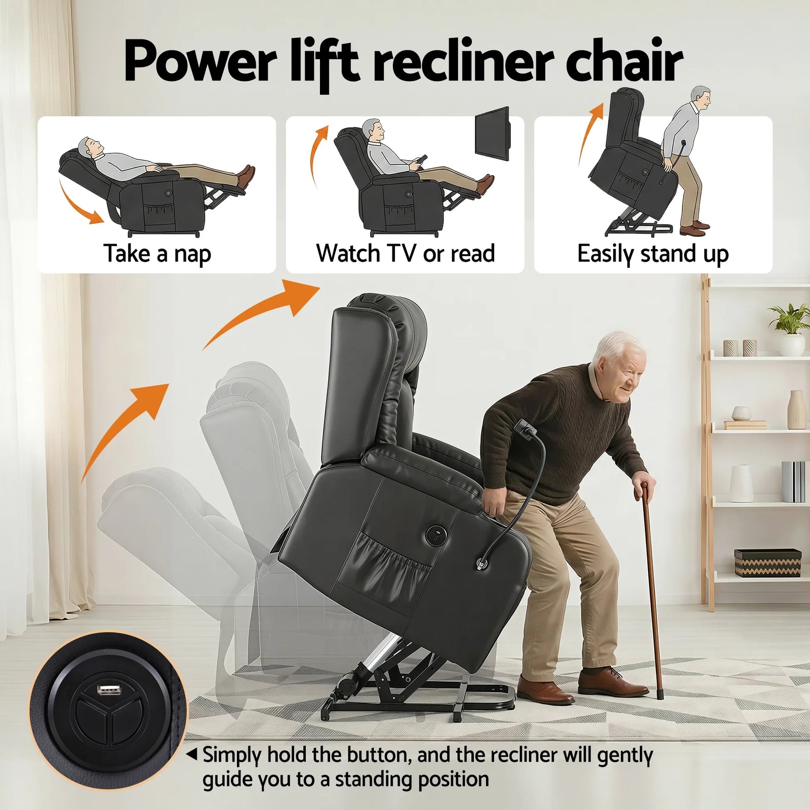 Power Lift Recliner Chair with Massage and Heat for Elderly, Electric Sofa Reclining Chair with USB and Phone Holder, PU Leather Comfy Armchair for Living Room, 2 Cup Holder & 4 Pockets, Black
