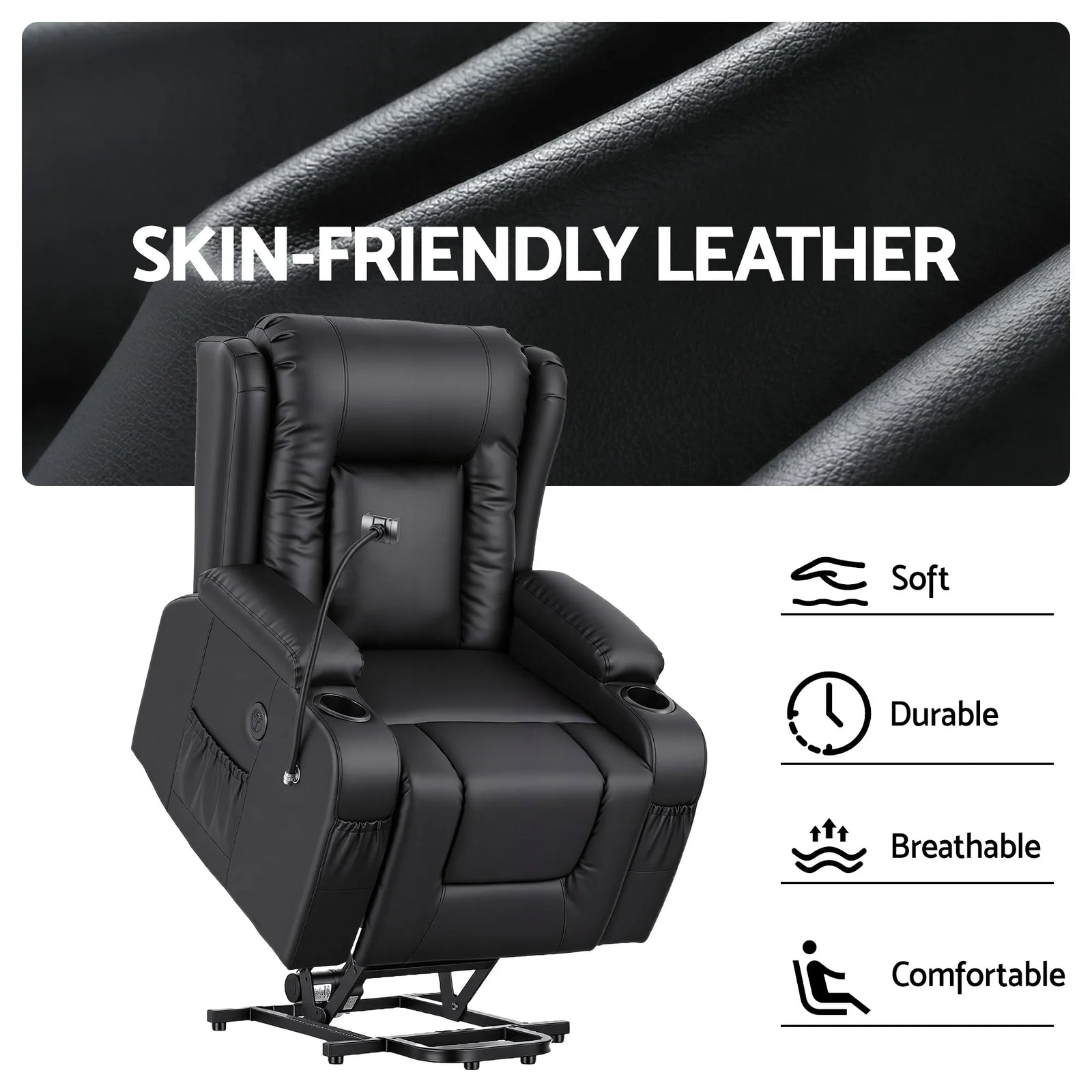 Power Lift Recliner Chair with Massage and Heat for Elderly, Electric Sofa Reclining Chair with USB and Phone Holder, PU Leather Comfy Armchair for Living Room, 2 Cup Holder & 4 Pockets, Black