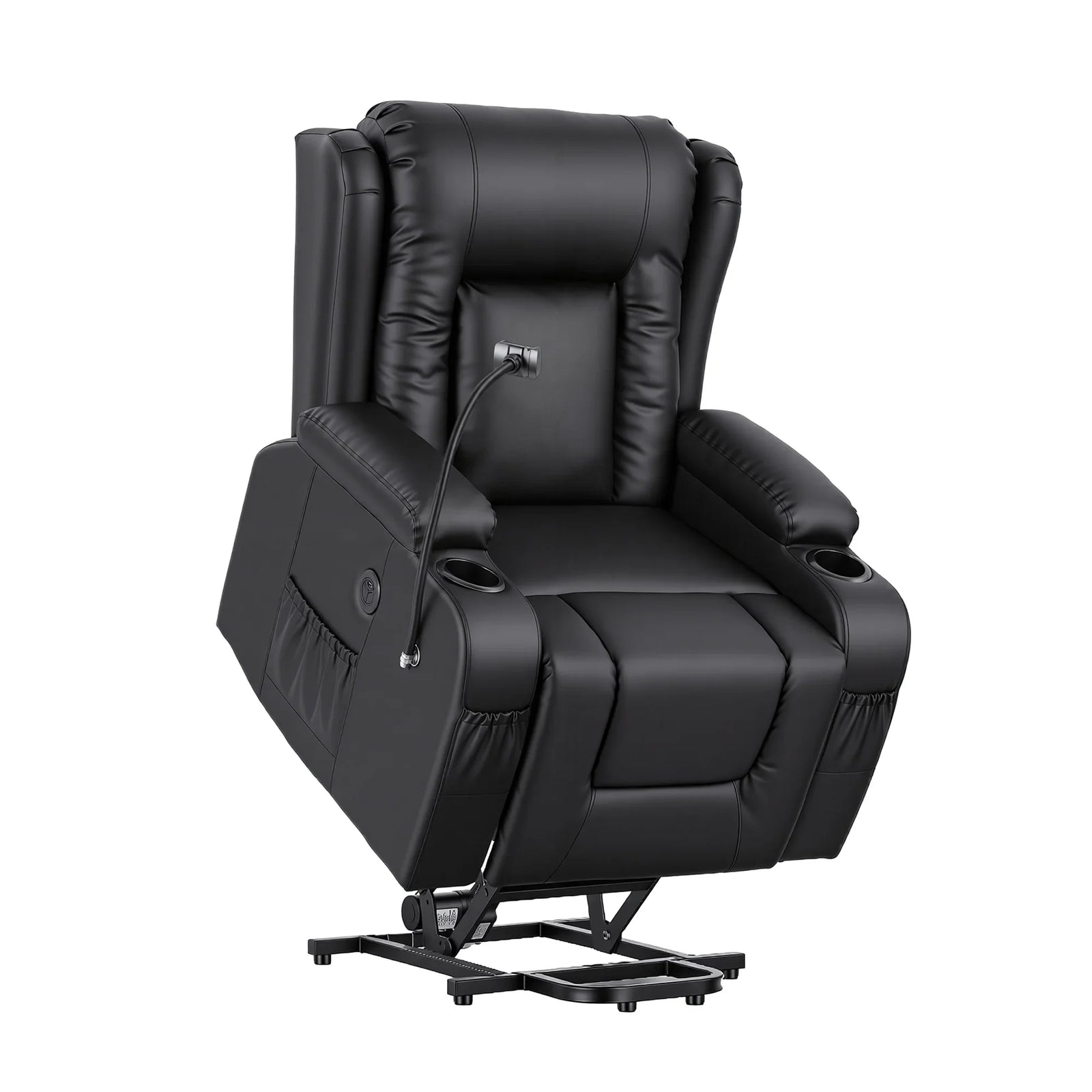 Power Lift Recliner Chair with Massage and Heat for Elderly, Electric Sofa Reclining Chair with USB and Phone Holder, PU Leather Comfy Armchair for Living Room, 2 Cup Holder & 4 Pockets, Black