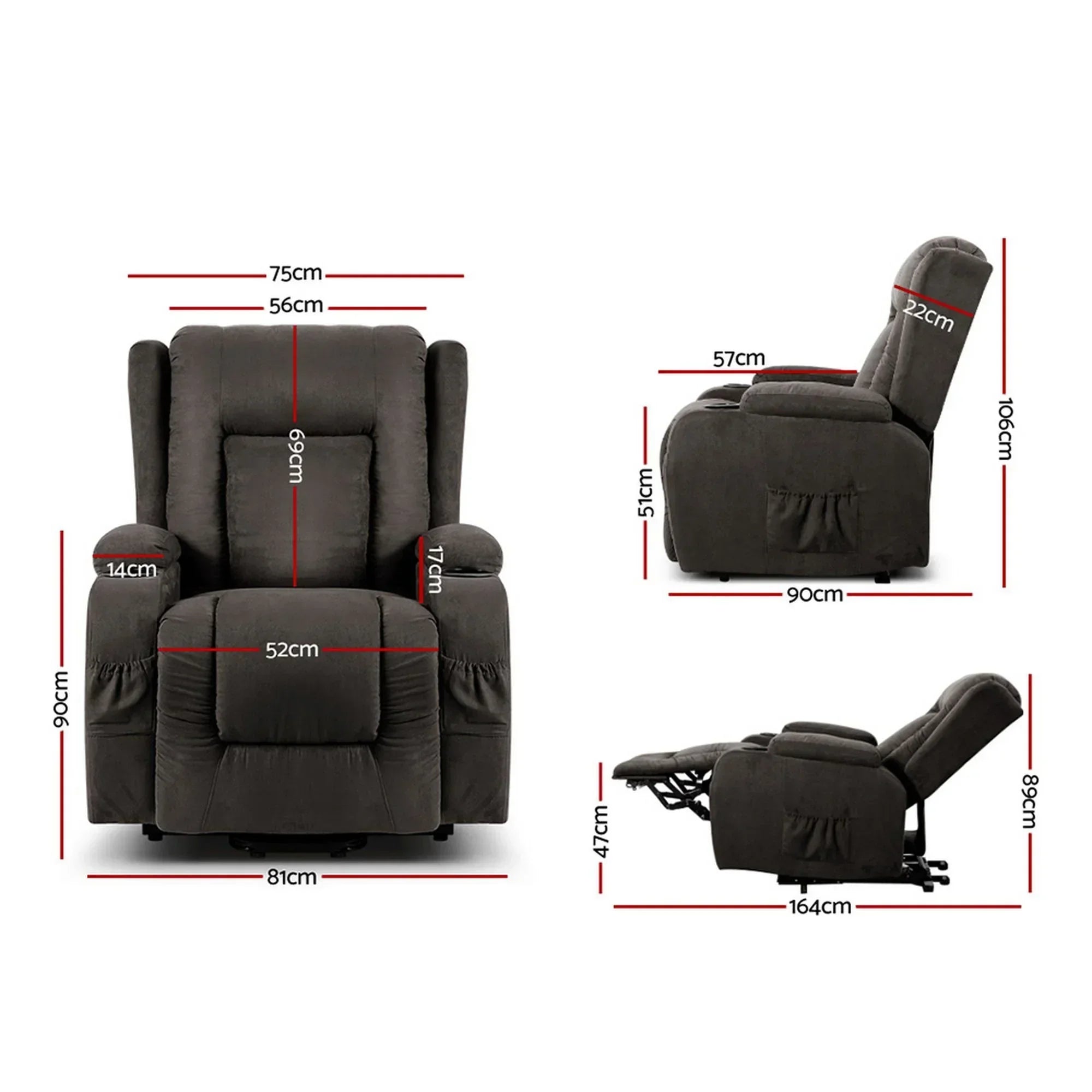 Electric Lift Recliner Chair Heated Massage Suede Fabric Grey
