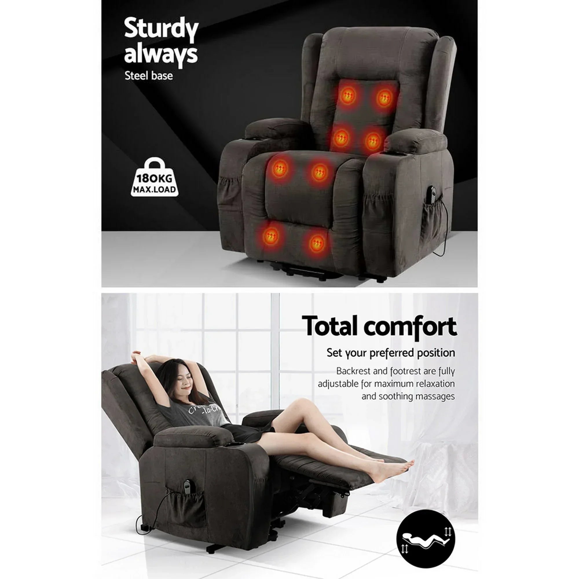 Electric Lift Recliner Chair Heated Massage Suede Fabric Grey