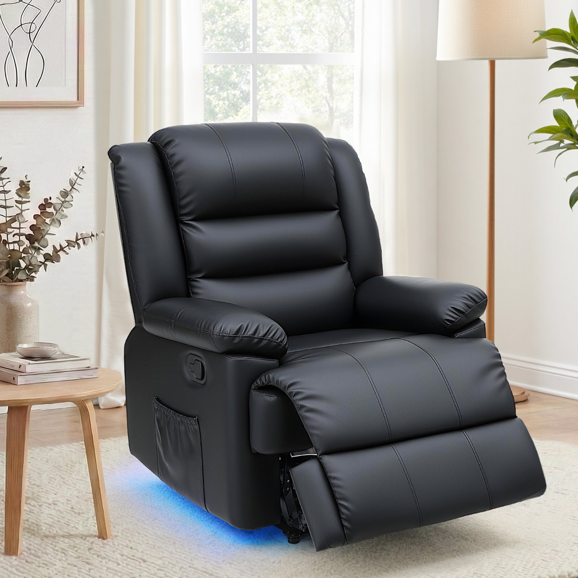 Manual Recliner Chair Leather Reclining Sofa with 16color Led Black
