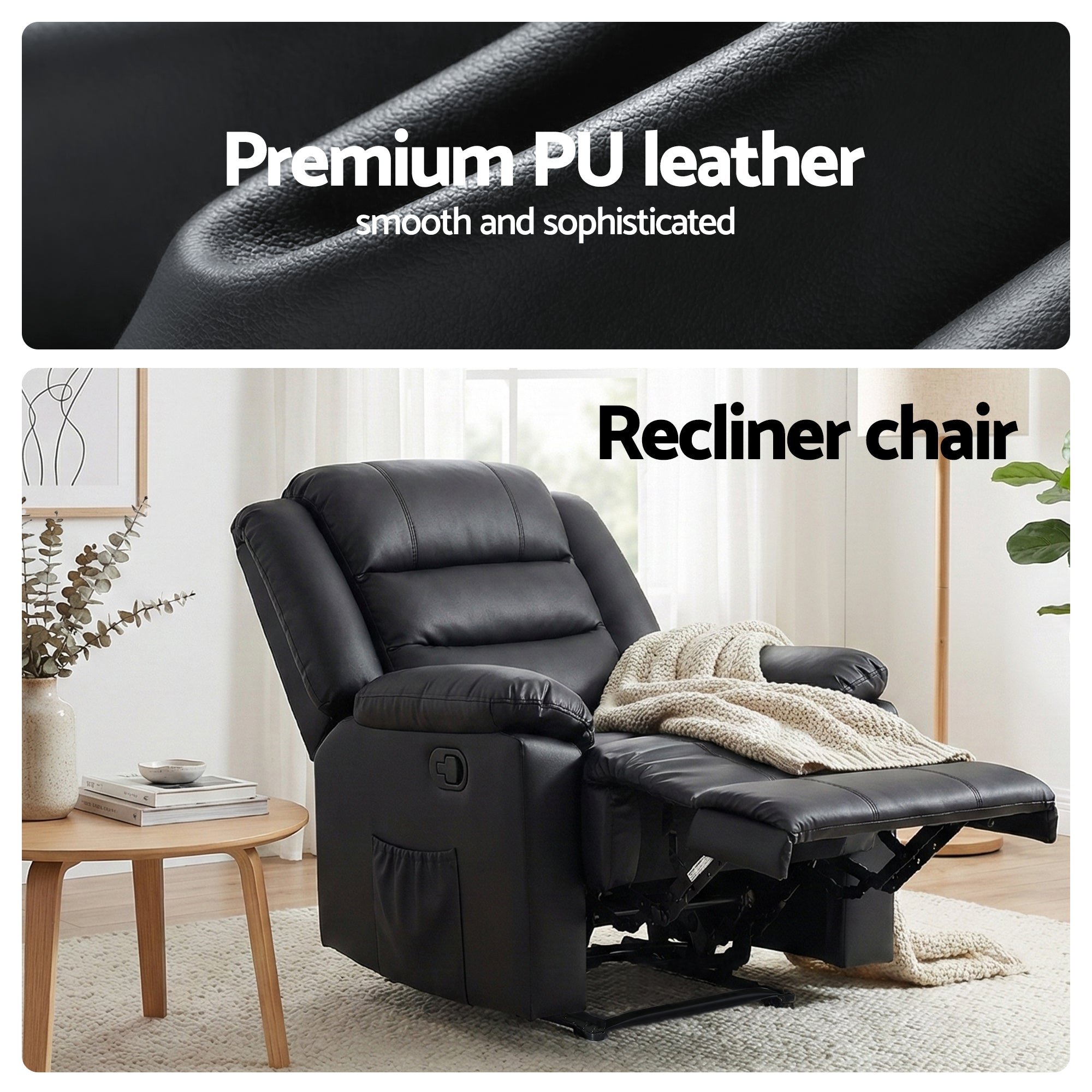 Manual Recliner Chair Leather Reclining Sofa with 16color Led Black