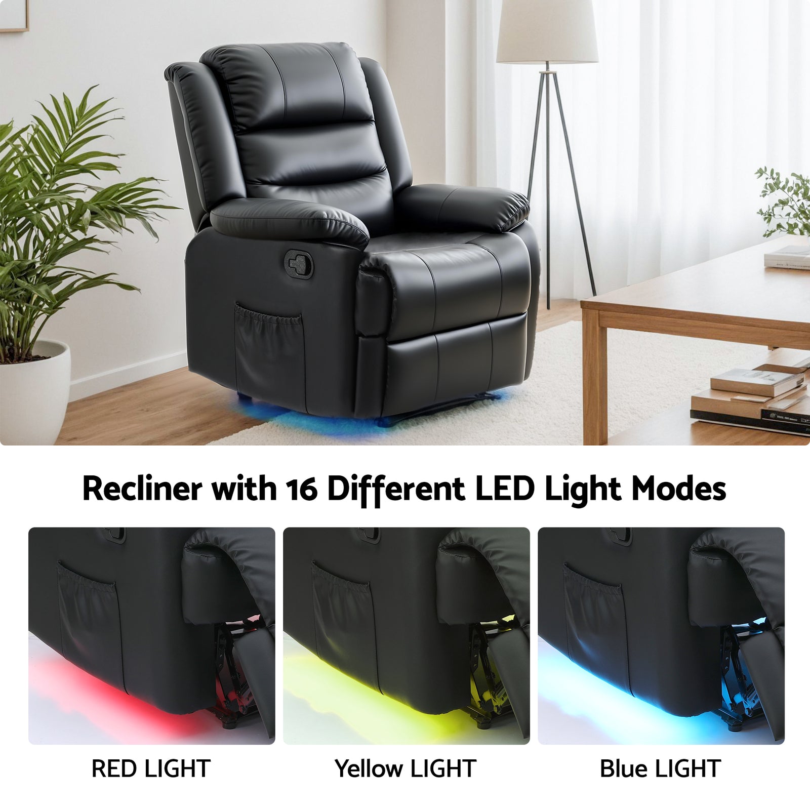 Manual Recliner Chair Leather Reclining Sofa with 16color Led Black