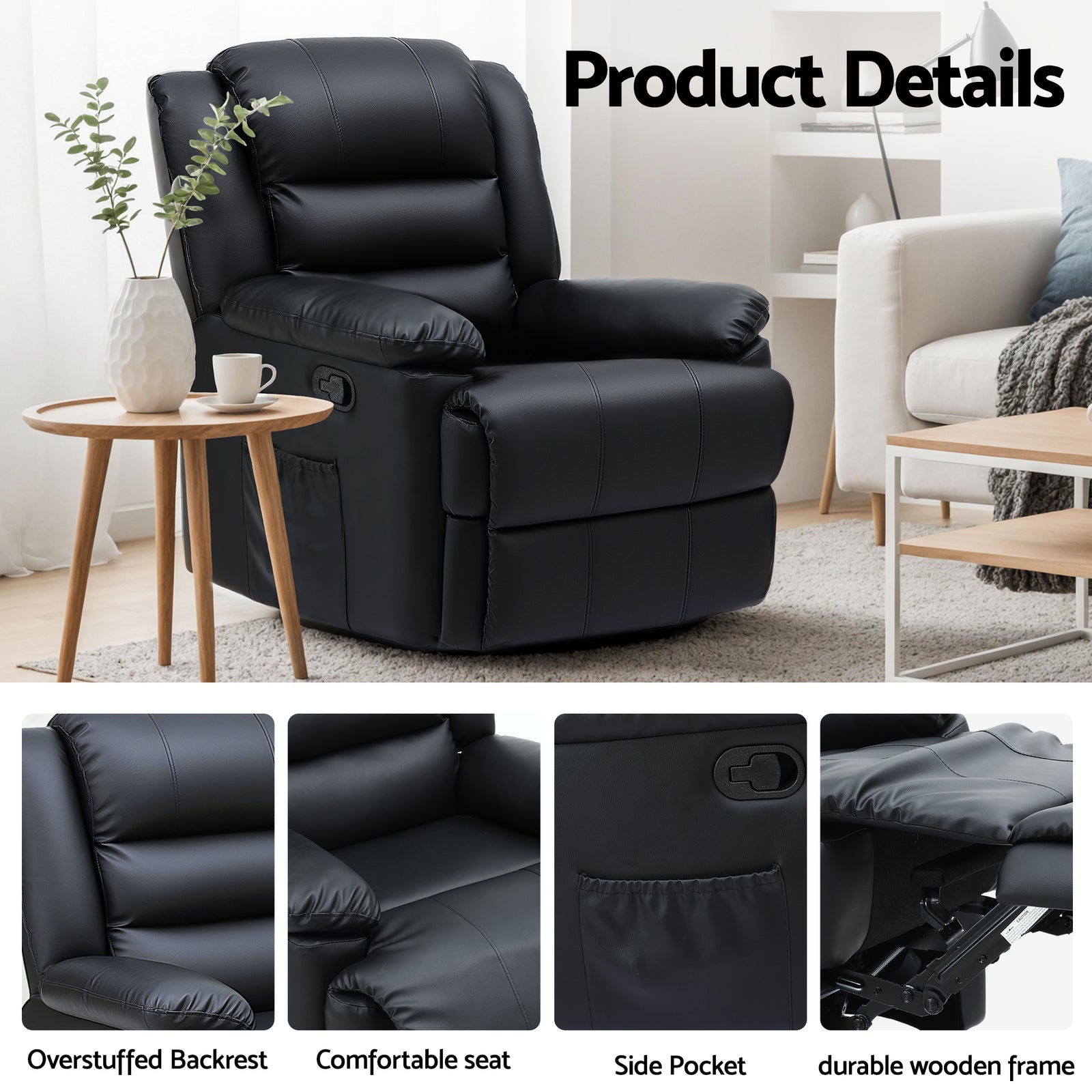 Manual Recliner Chair Leather Reclining Sofa with 16color Led Black