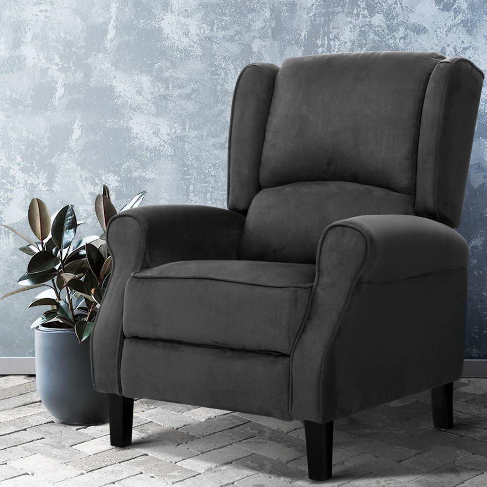Artiss Recliner Chair – Suede Fabric, 111–148° Recline, Foam Padding, Charcoal