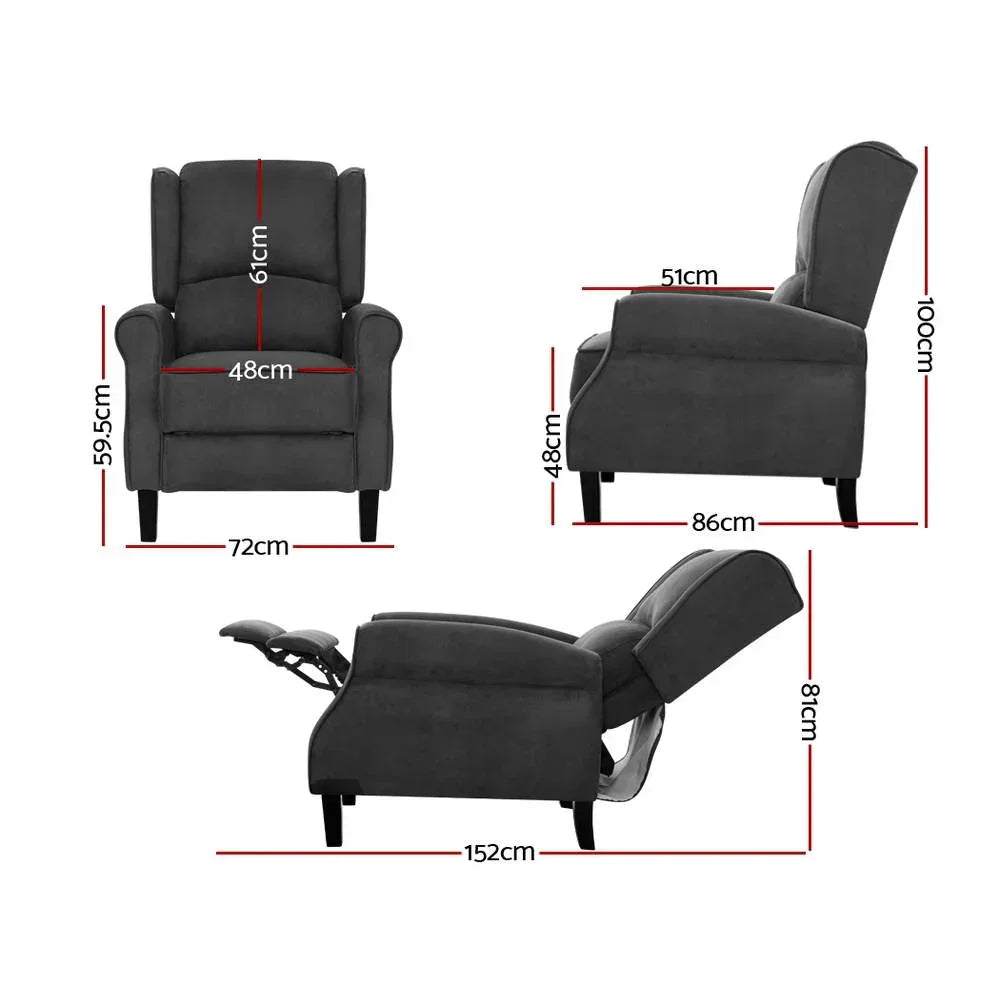 Artiss Recliner Chair – Suede Fabric, 111–148° Recline, Foam Padding, Charcoal