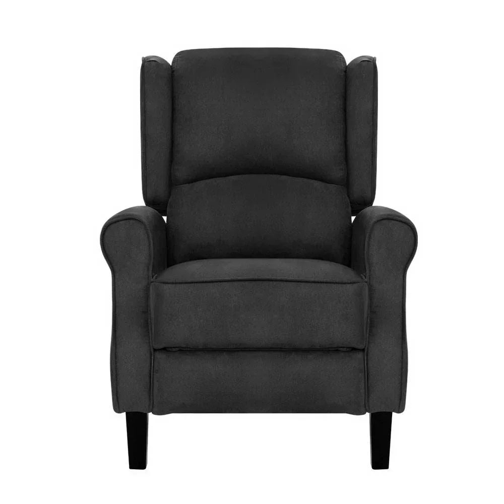 Artiss Recliner Chair – Suede Fabric, 111–148° Recline, Foam Padding, Charcoal