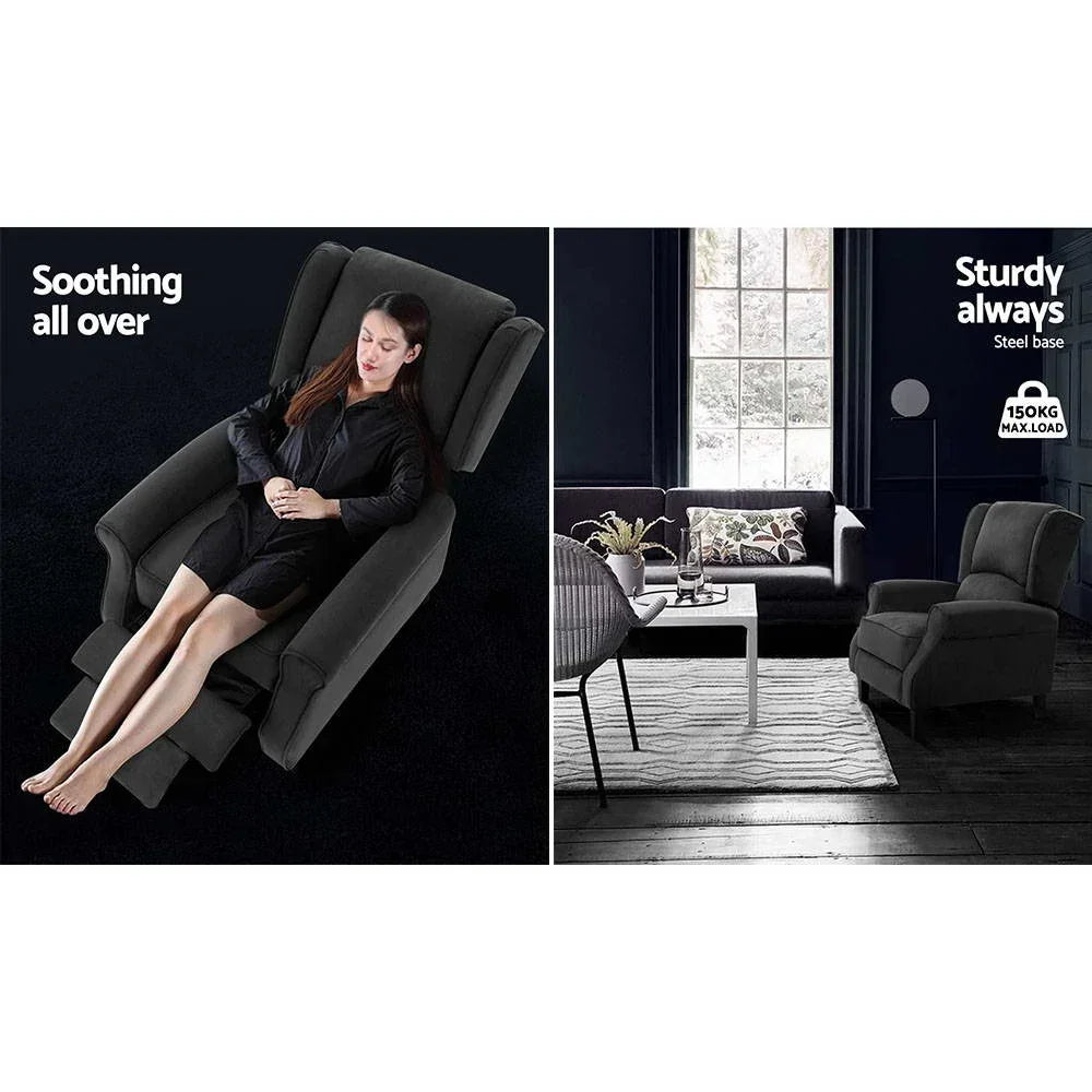 Artiss Recliner Chair – Suede Fabric, 111–148° Recline, Foam Padding, Charcoal