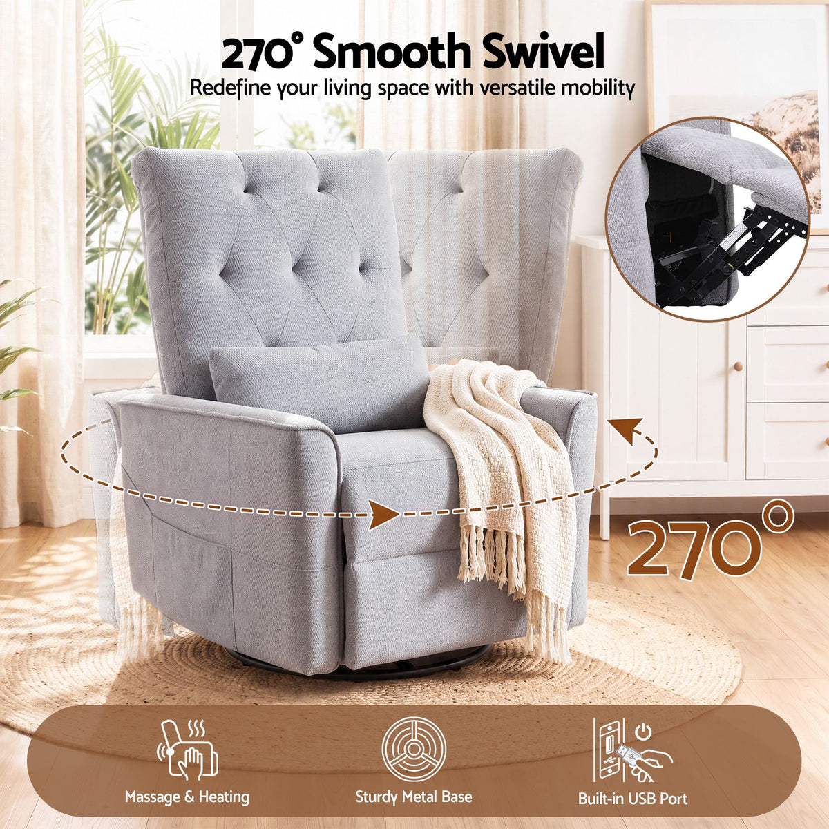 Artiss Electric Massage Recliner Chair with 270° Swivel & Heat, Grey