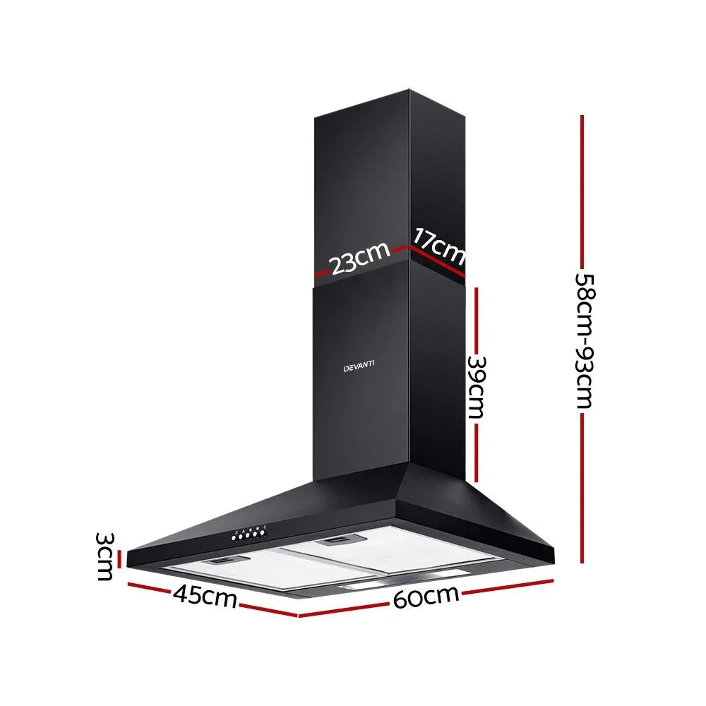 600mm Range Hood – Wall Mounted, Strong Suction, 3‑Speed, LED, Black